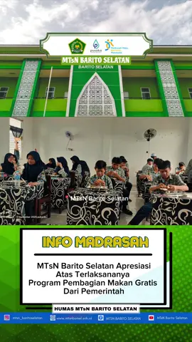 [MTsN Barito Selatan apresiasi atas terlaksananya program pembagian makan gratis dari Pemerintah] Assalamu'alaikum Tsanawiyahtizen ! MTsN Barito Selatan mengucapkan syukur dan apresiasi atas terlaksananya program pembagian makan gratis dari Pemerintah. Program ini menjadi wujud nyata perhatian pemerintah terhadap kesehatan dan kesejahteraan peserta didik, khususnya dalam mendukung tumbuh kembang generasi penerus bangsa. Kegiatan pembagian makan gratis berlangsung dengan tertib dan penuh antusias dari seluruh siswa. Dengan adanya program ini, para siswa merasa terbantu dalam pemenuhan gizi seimbang yang diharapkan dapat meningkatkan konsentrasi belajar dan prestasi akademik. Kepala MTsN Barito Selatan, Ahmad Fahmie, S.Pd.I, menyampaikan rasa terima kasih yang sebesar-besarnya kepada Pemerintah. “Kami mewakili keluarga besar MTsN Barito Selatan menyampaikan apresiasi setinggi-tingginya kepada Pemerintah atas kepedulian melalui program makan gratis ini. Semoga program ini terus berkelanjutan sehingga anak-anak didik kita dapat tumbuh sehat, cerdas, dan berakhlak mulia,” ujarnya. Dengan adanya dukungan dari berbagai pihak, MTsN Barito Selatan berkomitmen untuk terus mendukung program-program pemerintah yang berpihak pada pendidikan dan kesejahteraan peserta didik. Demikian. Semoga hal-hal baik terus senantiasa menyertai. Pun tak lupa kami meminta doa yang baik dari semua pembaca sekalian. Terima kasih. ilālliqā. *Detail kegiatan kami silakan klik link di bio* ________________________________ #MTsNBarsel #Makangratisbergizi #madrasahmajubermutumendunia