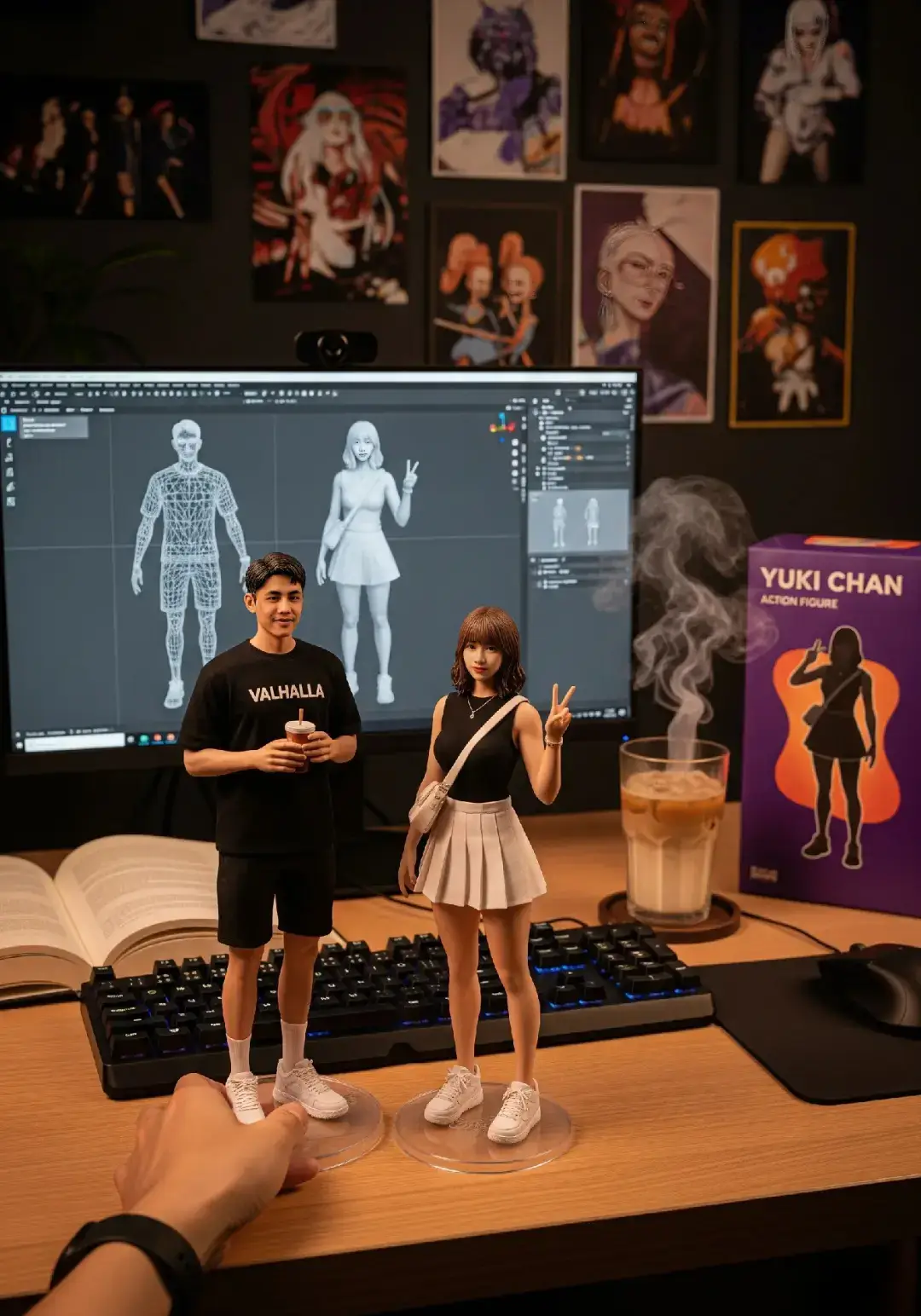 ikut ikutan aja hehe PROMPT: BUAT foto sebuah meja kerja modern dengan suasana hangat, di atasnya terdapat dua figur action figure bergaya realistis laki-laki dan perempuan berdiri berdampingan di atas alas bulat transparan. Laki-laki memakai kaos hitam bertuliskan 
