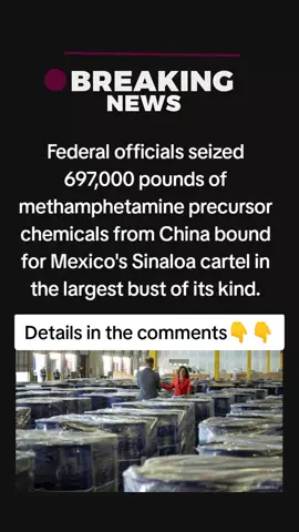 Federal officials seized 697,000 pounds of methamphetamine precursor chemicals from China bound for Mexico's Sinaloa cartel in the largest bust of its kind.