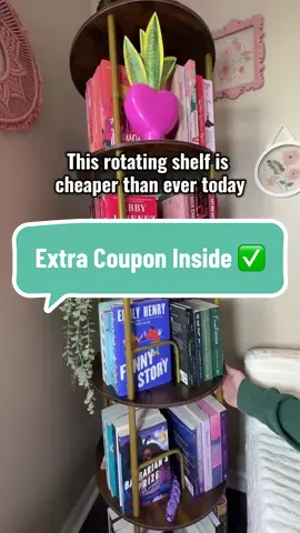 Run, don’t walk. This 5-tier rotating bookshelf is on clearance with an extra coupon. The best time to snag one is always when the price drops. #booktokhaul #bookshelfgoals #roommakeover #budgetfinds #cozyvibes 