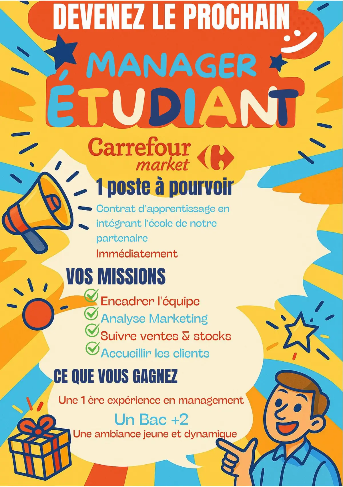 Carrefour Market Lacaussade à Tarbes recrute un(e) apprenti(e) TP MUM ! 🛒✨ 👉 Viens te former au cœur de la grande distribution, entre caisse, accueil et gestion. 🎯 Une expérience enrichissante + un vrai tremplin pour ton avenir ! 📍 Lieu : Carrefour Market Lacaussade – Tarbes ☎️ Contact : 05.62.93.81.68                                    ✉️ : market_tarbes_lacaussade@franchise.carrefour.com ✅ Postule dès maintenant et rejoins notre équipe dynamique ! #Recrutement #Alternance #TPMUM #CarrefourMarket #Tarbes