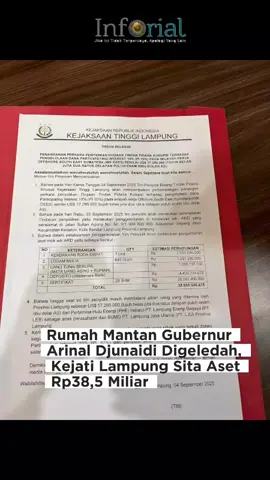Bandar lampung - Kejaksaan Tinggi (Kejati) Lampung menggeledah rumah mantan Gubernur Lampung, Arinal Djunaidi, di Jalan Sultan Agung, Sepang Jaya, Kedaton, Bandar Lampung, Rabu (3/9/2025). Dari operasi itu, penyidik menyita aset bernilai lebih dari Rp38,5 miliar. Aspidsus Kejati Lampung, Armen Wijaya, dalam konferensi pers Kamis (4/9/2025) malam merinci barang sitaan: tujuh mobil senilai Rp3,5 miliar, logam mulia 645 gram seharga Rp1,29 miliar, uang tunai rupiah dan asing Rp1,35 miliar, deposito lebih dari Rp4,4 miliar, serta 29 sertifikat tanah dengan nilai estimasi Rp28 miliar. “Total keseluruhan aset yang diamankan mencapai Rp38.588.545.675,” ujar Armen. Selain penyitaan, Kejati juga memeriksa Arinal Djunaidi sejak Kamis siang. Hingga malam hari, pemeriksaan terhadap mantan Ketua Golkar Lampung itu masih berlangsung. Armen menegaskan, penggeledahan dan pemeriksaan ini merupakan tindak lanjut penyidikan dugaan korupsi di PT LEB yang kini ditangani Kejati Lampung. #arinaldjunaidi #lampung #kejatilampung #viral #viralvideo #fyp #fypシ #lampungpride #lampungtiktok #