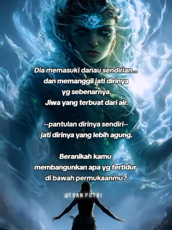 Dia adalah Air, cukup kuat untuk menenggelamkan mu, cukup lembut untuk membersihkan mu dan cukup dalam untuk menyelamatkanmu She ventured into the lake by herself and summoned her authentic self. a soul crafted from water, a reflection of her own being, her higher self. Dare you to stir what's slumbering beneath your depths?