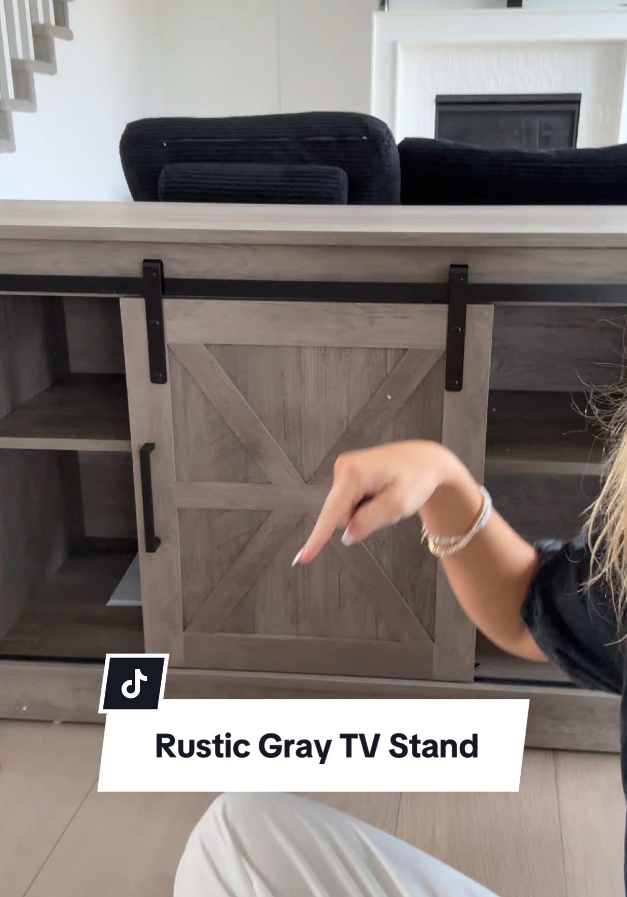 LOVE!! Perfect Rustic Grey TV Stand / Entertainment Center #FarmhouseTVStand #modernhome #homefinds #entertainmentcenter #tiktokshopcreatorpicks 
