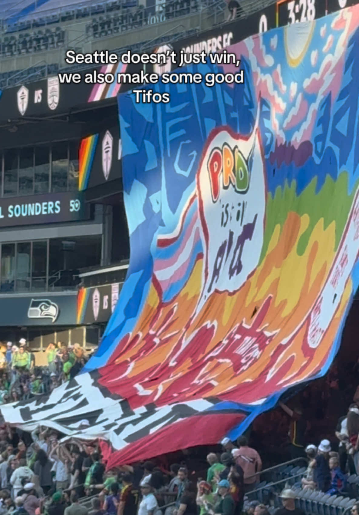 Since the sounders are big right now, wanted to share the pride tifo since it’s something I think reflects the city well. Some complain that the fans have gotten too political, I’d say in our current political climate it’s hard for anything to be unpolitical! Seattle is just a place where a lot of people genuinely care, which ofc makes for some really passionate fans! #seattlesounders 