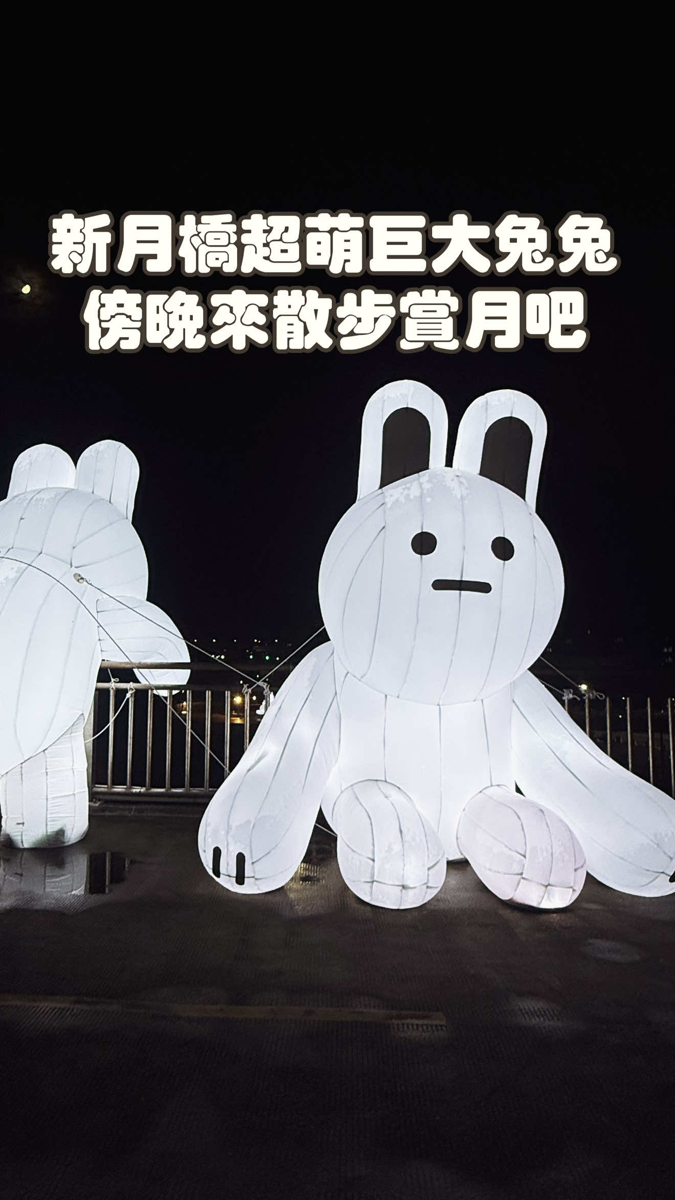 新月橋散步被兩隻超萌的「兔兔Q」給融化了啦🐰✨ 今年中秋節前夕🌛 高灘處特別邀請台灣新銳藝術家 Alan Hong 把他的創作IP「雲朵阿Q」搬到橋上 變成全新的裝置藝術 現場一共有三隻不同高度的兔兔氣偶 最大一隻有4.7公尺高 站在旁邊真的覺得自己瞬間變小孩😂 而且不只新月橋上有兩隻 旁邊的新月廣場也有一隻 圓滾滾的造型加上療癒的臉 超級可愛 晚上來 剛好可以邊賞月邊看兔兔 氛圍滿滿的中秋感🌕💕 不同角度看有不同的療癒感  展期9/1至10/30 白天活潑可愛 晚上浪漫療癒🌛 很適合約會或跟家人朋友一起來散步～ #新月橋 #新月廣場 #兔兔Q #雲朵阿Q           