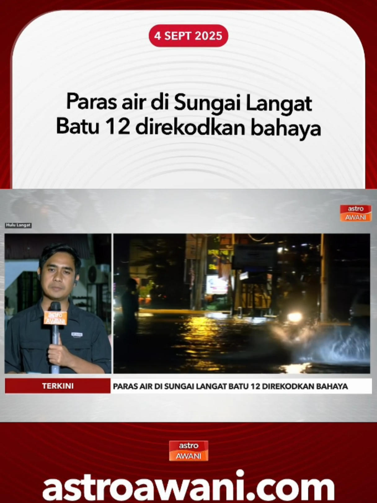 Paras air Sungai Langat di Batu 12, Hulu Langat melebihi tahap bahaya manakala Sungai Bernam di Kampung Selisek berada pada tahap amaran dengan trend meningkat, namun Sungai Serai dilaporkan sudah surut. #AWANInews