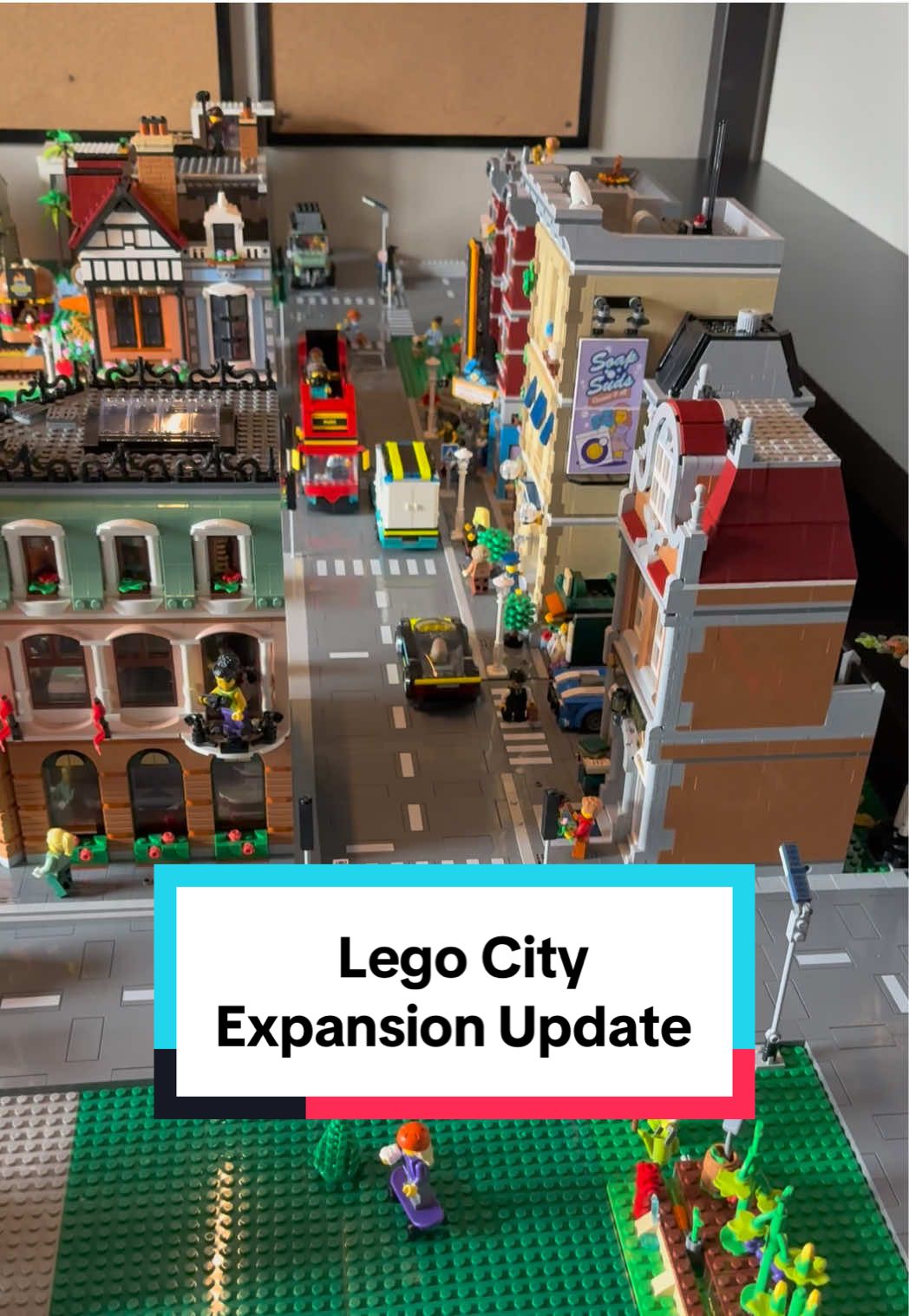 The new, expanded Lego city layout has room for larger downtown and residential zones, eventual forest type area, space for a future beach/port, and a raised level in the back for many additional buildings and/or possibly something specialized like an airport. Excited to have the extra space and room to grow! #lego #legocity #legobuilds #legocommunity #legotiktok
