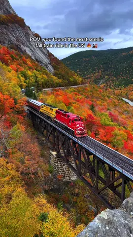TRAIN RIDE DETAILS BELOW 🚂👇 🚂 The Conway Scenic Railroad in Conway, New Hampshire is such a special way to see the fall foilage. 🍂 This historic train ride starts at its picturesque Victorian train station (which was built in 1874) and runs through the Mount Washington Valley and over the rugged Crawford Notch.  🍁 We took the “Mountaineer”which is the most scenic journey and takes anywhere from 4-5.5 hours. 💰 During high season, tickets range from $83-$198 per person.  ♥️ Send this to someone you’d love to experience this with!  #trainride #trains #newhampshire #fall #autumn #fallactivities #autumnactivities 
