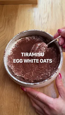 TIRAMISU EGG WHITE OATS RECIPE 😝💕✨  RECIPE:  BASE:  30g oats  sprinkle of salt 1-2x shots espresso (i did one, because I do not enjoy bouncing off the wall first thing in the morning) 300ml liquid of choice (i did water, the espresso was about 50ml, so added 250ml water to top it off) 200g egg whites (added once oats are cooked) 1 tsp vanilla  1/4-1/2 tsp almond (can be omitted) sweetener (i used stevia, around 0.5g, it’s PURE and strong, start with about 5-10g of sweetness of your choosing and adjust to taste) 30g banana (mashed) 10g dates (chopped) TOPPING:  80-100g ricotta 5-10g vanilla (depending on how vanilla-forward you want this to be, start with a tsp and work up) a touch of salt  sweetener (optional) dusting of cocoa powder (i used dutch-processed, but just use your favourite) MACROS:  371 calories, 32g protein    #tiramisu #eggwhiteoats #oats #oatmeal #highproteinbreakfast 