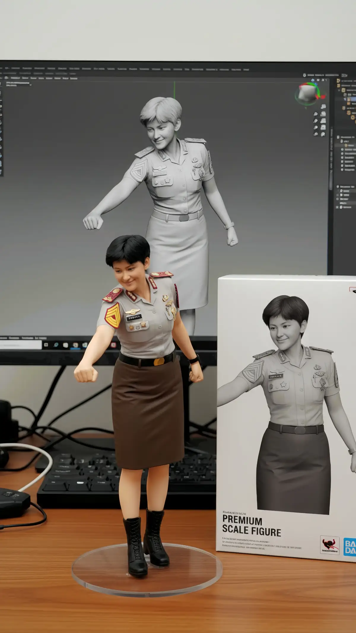 mengkane😎 💥open jasa edit 2k/foto nih prompt:Using the model, create a 1/7 scale commercialized figurine of the characters in the picture, in a realistic style, in a real environment. the figurine is placed on a computer desk. the figurine has a round transparent acrylic base, with no text on the base. the content on the computer screen is the Zbrush modeling process of this figurine. next to the computer screen is a BANDAI-style toy packaging box printed with the original artwork. the packaging features two-dimensional flat illustrations, make photo with 4k resolution #trending #miniature #trend #akpol #akmil 
