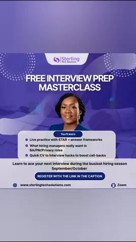 Don’t get left out! Join our FREE Interview Prep Masterclass and get the tools you need to ace your next interview. Last year, hundreds of candidates missed out on dream roles—not because they weren’t qualified, but because they weren’t prepared for the interview. That’s why we’re hosting a Free Interview Prep Masterclass where you’ll learn ✅Live practice with STAR + answer frameworks ✅️What hiring managers really want in BA/PM/Privacy roles ✅️Quick CV to Interview hacks to boost call-backs September/October is the busiest hiring season—don’t get left behind. Comment 