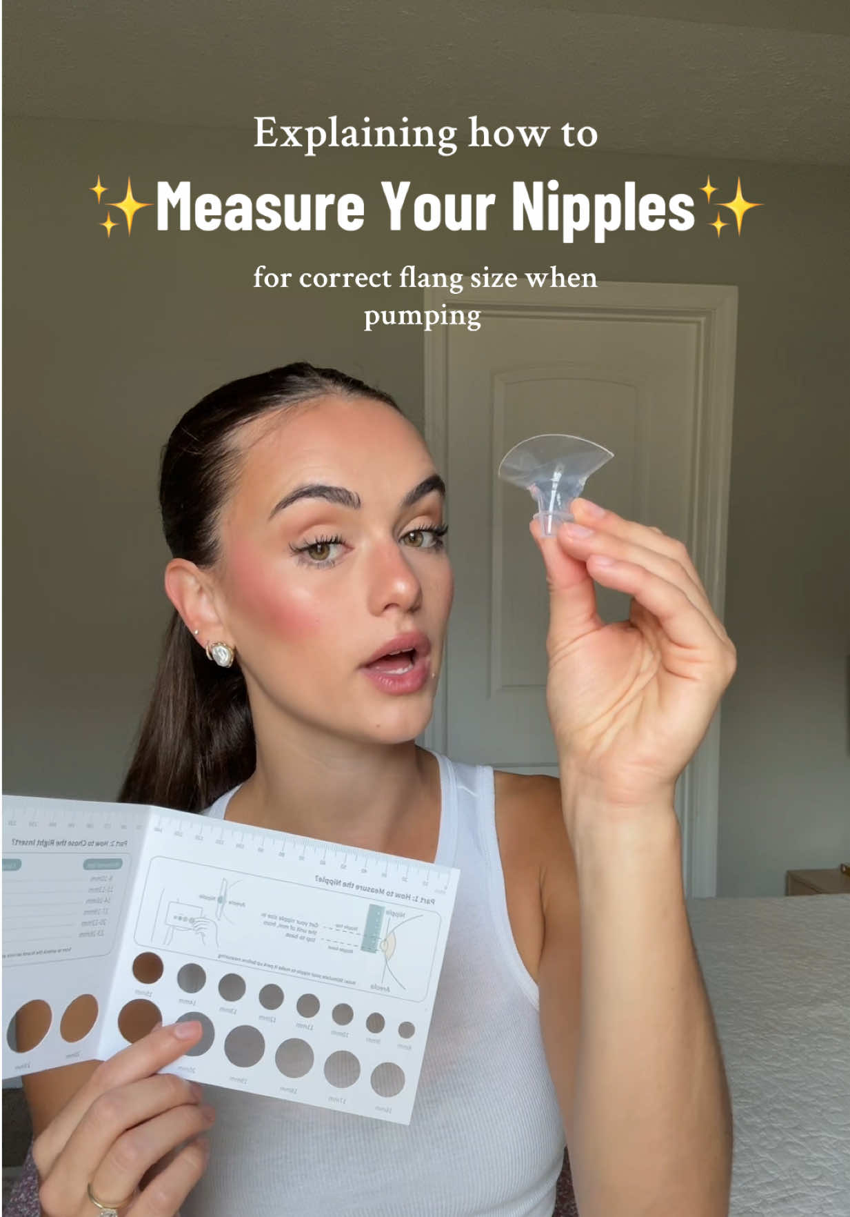 Here is a step by step demonstration on how to measure your nipples to make sure you are fitted to the correct flang size when pumping!!! I hope you found this helpful, send this to any pregnant or new mom friends! #momtips #pumpingmom #pumpingtips #firsttimemomtips #pumping 