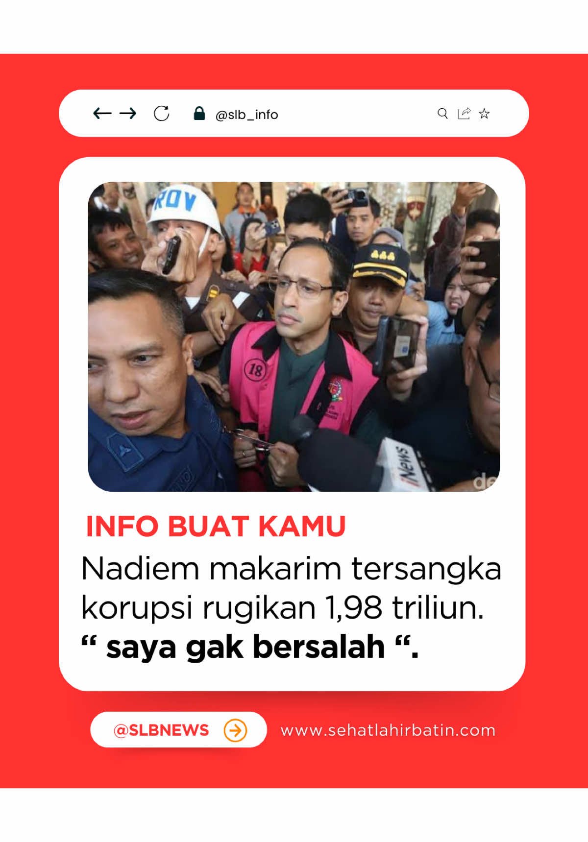 Kejaksaan Agung (Kejagung) menetapkan mantan Menteri Pendidikan, Kebudayaan, Riset, dan Teknologi (Mendikbud), Nadiem Makarim, sebagai tersangka kasus dugaan korupsi pengadaan laptop Chromebook. Kejagung mengungkapkan kerugian negara akibat korupsi tersebut mencapai Rp1,98 triliun. Direktur Penyidikan (Dirdik) Jampidsus Kejagung, Nurcahyo Jungkung Madyo, menyampaikan kerugian keuangan negara saat ini masih dalam perhitungan oleh Badan Pengawasan Keuangan dan Pembangunan (BPKP). Usai diperiksa dan ditetapkan sebagai tersangka, Nadiem langsung ditahan di Rutan Salemba. #slbinfo #nadiemmakarim #korupsi #kejagung 