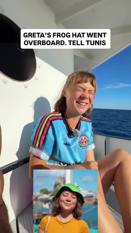 🐸 Greta’s frog hat went onboard. Someone in Tunis who can hook her up? #solidarity #explore #globalsumudflotillia #menorca #gretathumberg @Global Sumud Flotilla @gretathunberg 