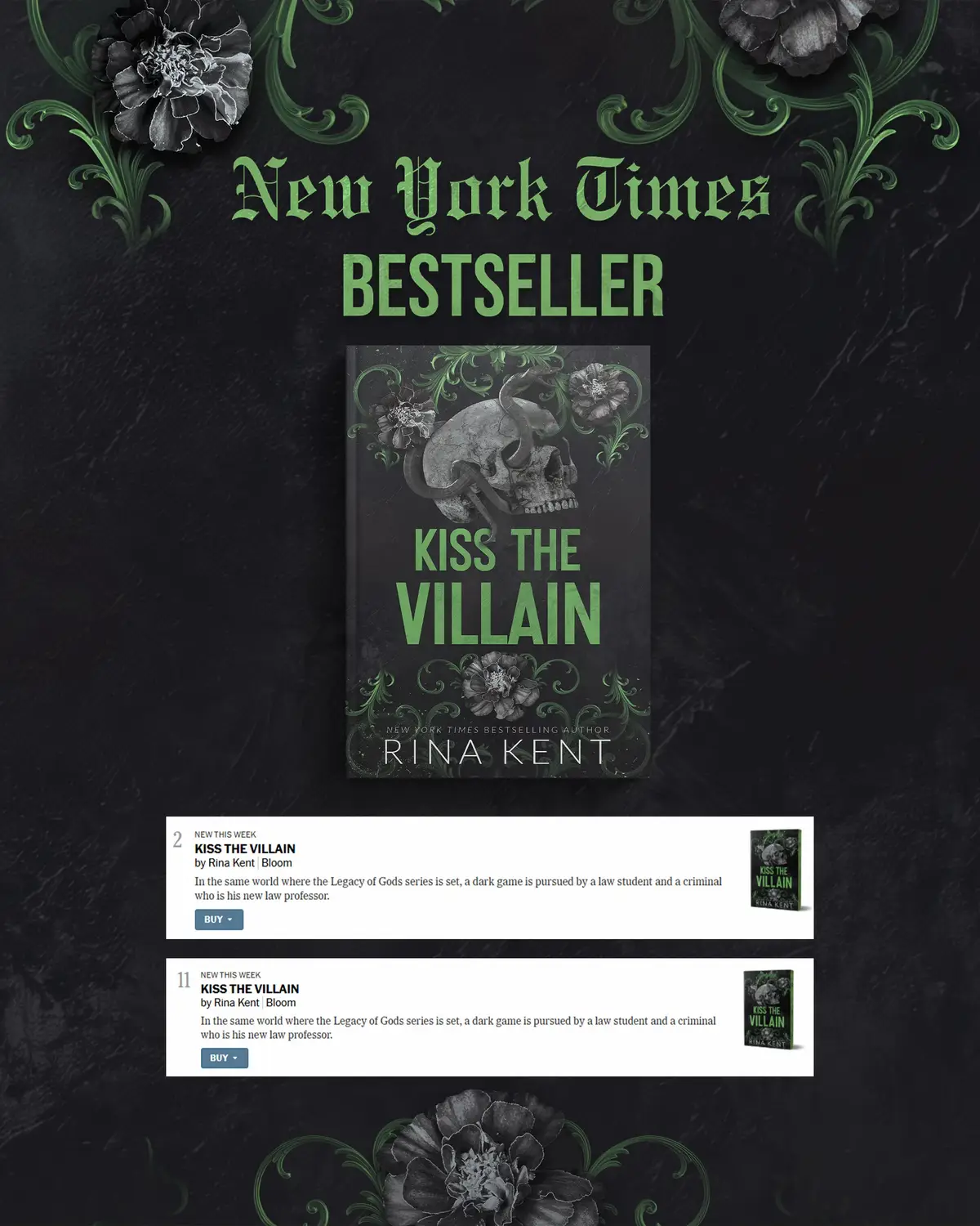 I’m at a loss for words 😭 You went out and made Kiss the Villain’s trad re-release an instant #2 New York Times bestseller. I’m in awe, and so humbled by all the love you continue to pour into my books ❤️ Gareth and Kayden hold such a special place in my heart, and seeing them soar this high makes me so proud 🥹 I’ll see you in March with the next explosive installment of the series, Hunt the Villain. As always, I couldn’t have done this without my wonderful agent @kimberlybrower2 and the fantastic team @read_bloom ❤️❤️ Have you read Kiss the Villain yet? Who’s excited for Hunt the Villain? 👀 #rinakent #rinaverse #kissthevillain #legacyofgods 