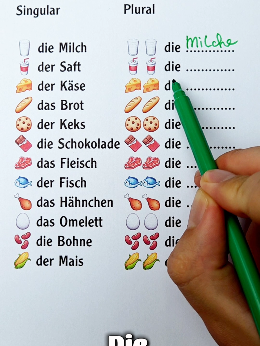 Deutsch lernen mit Spaß! 🇩🇪 Heute üben wir Singular und Plural von 12 Lebensmitteln 🥨🥛🍫 Perfekt für A1-Anfänger und alle, die ihren Wortschatz erweitern wollen! Schreib die richtigen Pluralformen unten in die Kommentare! 📝✨ #deutschlernen #grammatiklernen #lernenmittiktok #deutschfüranfänger #deutschkurs 