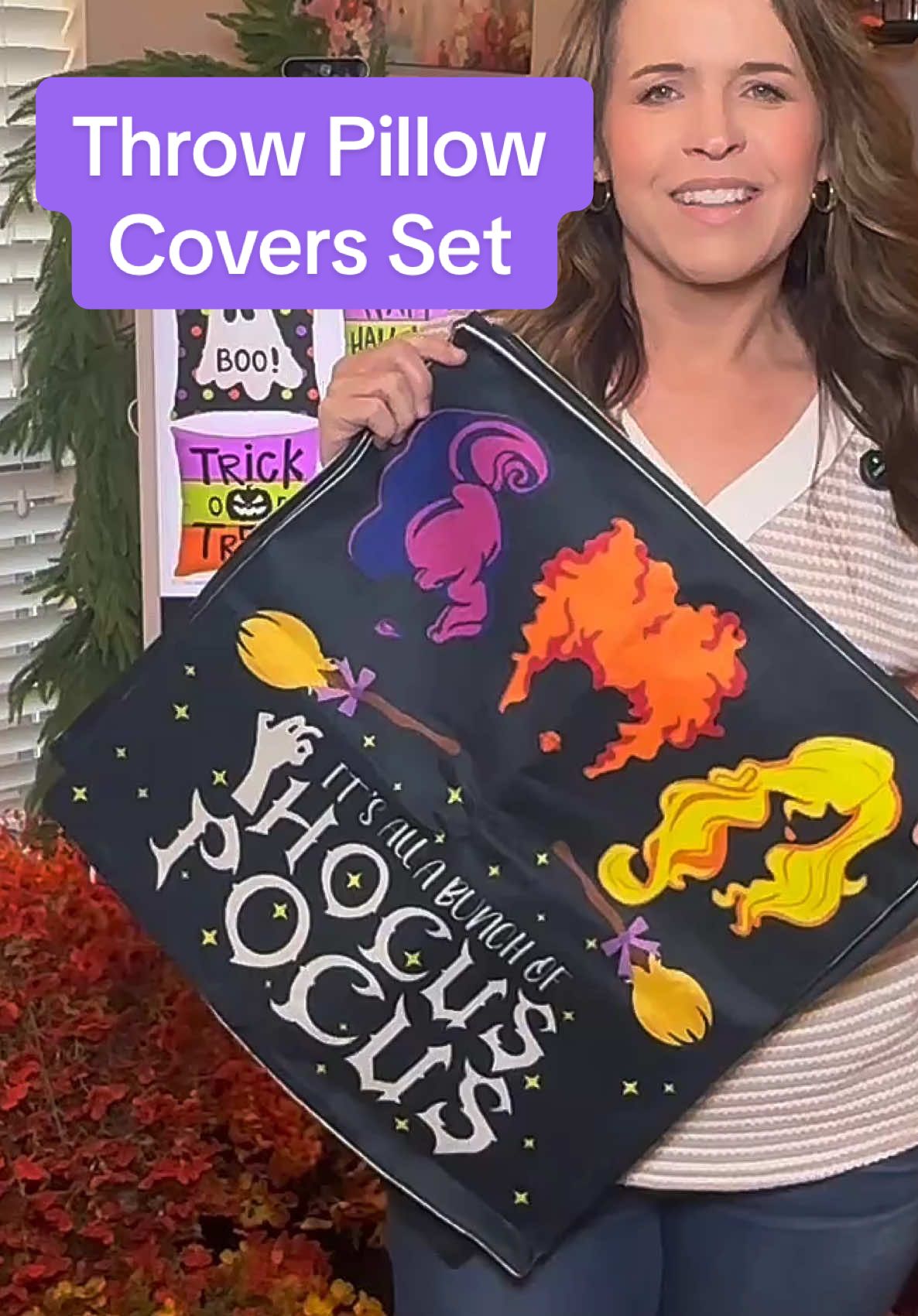 Cute set of four Halloween throw pillow covers.  #halloween #throwpillows #pillow #halloweendecor #hocuspocus 