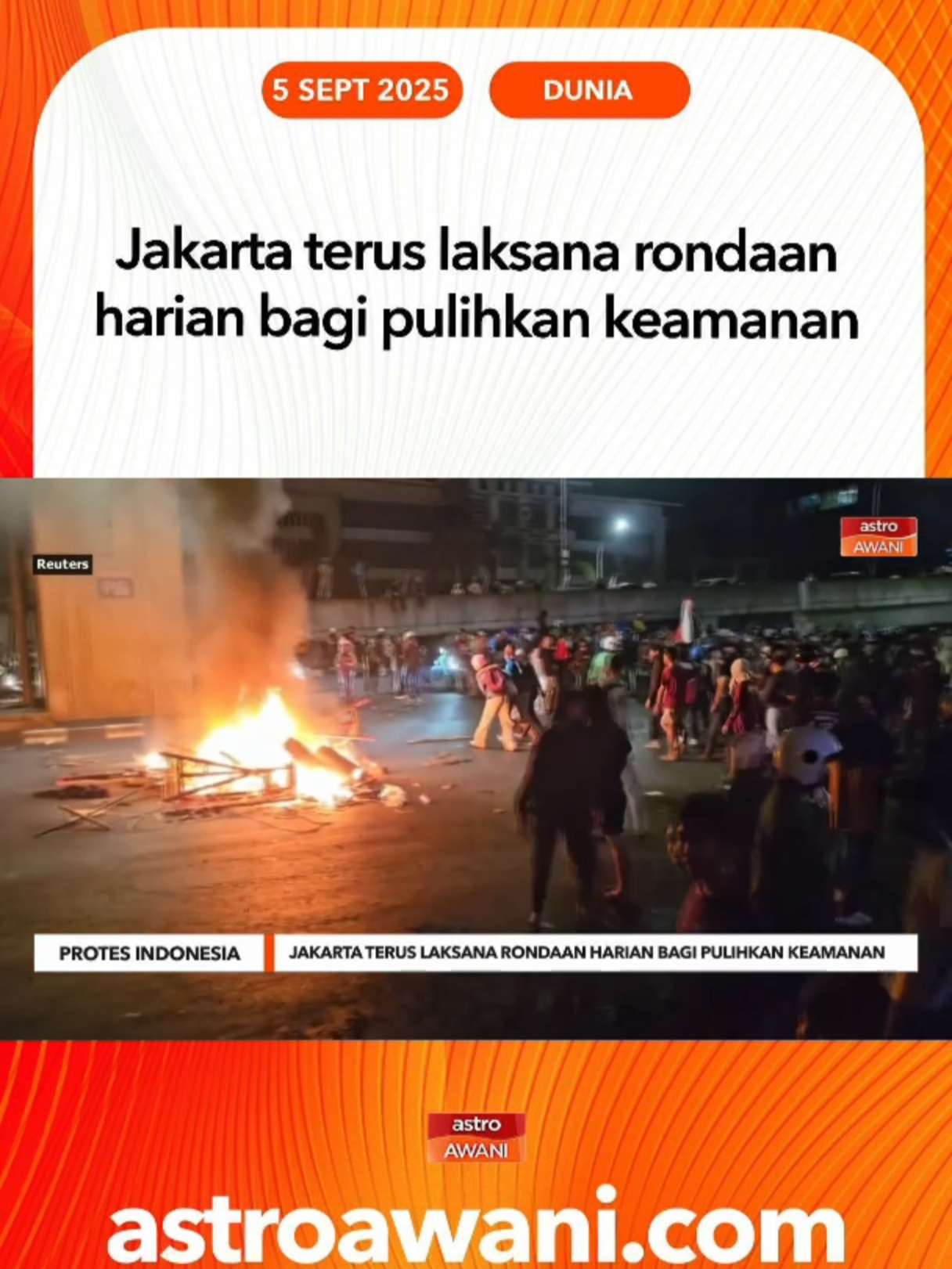 Tentera Indonesia melancarkan rondaan tiga kali sehari di Jakarta sejak 31 Ogos bagi memastikan keamanan susulan rusuhan berhubung elaun kontroversi Parlimen yang meragut sekurang-kurangnya 10 nyawa.' #AWANInews