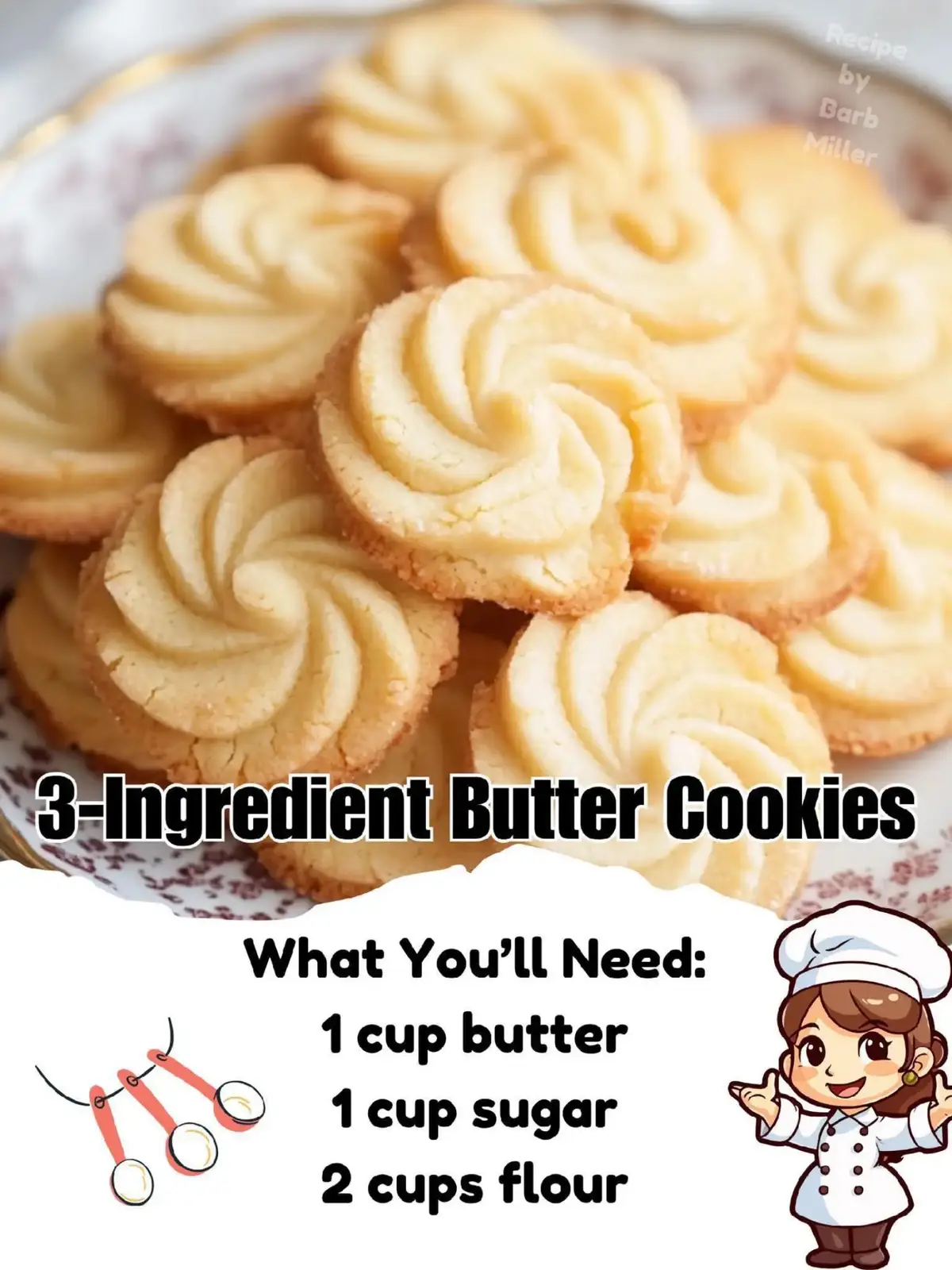 🍪 3-Ingredient Butter Cookies These buttery, crispy cookies are better than store-bought and so simple to make—no eggs required! Perfect for a quick dessert or to pair with your favorite cup of tea. 🫖✨ 🍴 Servings: 24 cookies ⏱ Prep Time: 20 minutes ⏱ Cook Time: 20 minutes ⏱ Total Time: 40 minutes 🛒 Ingredients: 1 cup (227 g) butter, softened and slightly melted (see notes) 1 cup (118 g) powdered sugar 2 cups (256 g) all-purpose flour 👩‍🍳 Instructions: 1️⃣ Preheat the Oven: Heat your oven to 350°F (177°C) and line two large baking sheets with silicone baking mats or parchment paper. 2️⃣ Cream Butter and Sugar: In a large mixing bowl, combine the butter and powdered sugar. Using a stand mixer or hand mixer, cream at high speed for about 5 minutes until the mixture becomes light and fluffy. The mixture should turn from yellow to white and have the consistency of whipped cream. (Tip: Scrape down the sides of the bowl occasionally to ensure even mixing.) 3️⃣ Add the Flour: Reduce the mixer to low speed and gradually add the flour. Once incorporated, increase the speed to medium. The dough will start crumbly but will come together into a thick, soft dough, resembling a thick paste. 4️⃣ Pipe the Cookies: Transfer the dough into a piping bag fitted with a large open star tip (1/2-inch opening recommended). Pipe swirls or your desired shape onto the prepared baking sheets, spacing cookies 1 inch apart. Chill the piped cookies in the fridge for 30 minutes to prevent spreading during baking. 5️⃣ Bake the Cookies: Place one baking sheet in the center of the oven. Bake for 15–20 minutes, or until the edges and surface turn a light golden brown (mine took about 18–20 minutes). Let cookies cool completely on the baking sheet before transferring them to an airtight container. 6️⃣ Repeat: Bake the second tray of cookies following the same steps ✨ Notes: Butter Tips: Softened and slightly melted butter helps achieve the perfect consistency for piping. Storage: Store uneaten cookies in an airtight container at room temperature for up to a week. These 3-Ingredient Butter Cookies are a delicious, no-fuss treat that’s as easy to whip up as they are to devour. Perfect for any occasion! 🥰 #EasyRecipe #buttercookies  #cookies  #delicious 