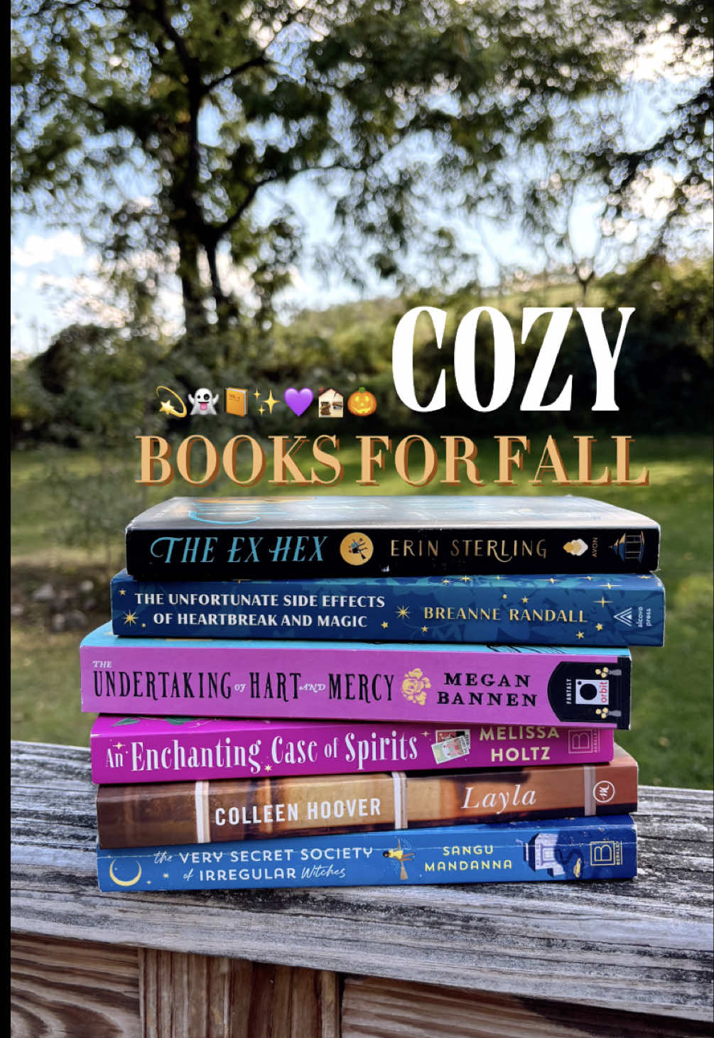 Sometimes you just need a snuggley book on a crispy September day 😌🍂✨☕️ What other cozy books should I be reading this fall?? #cozybooks #fallbooks #fallbookrecs #cozyfallbooks #falltbr  💫 The Very Secret Society of Irregular Witches by Sangu Mandanna  💫 The Ex Hex by Erin Sterling  💫 An Enchanting Case of Spirits by Melissa Holtz  💫 The Undertaking of Hart & Mercy by Megan Bannen  💫 The Undortunate Side Effects of Heartbreak & Magic by Breanne Randall 💫 Layla by Colleen Hoover 