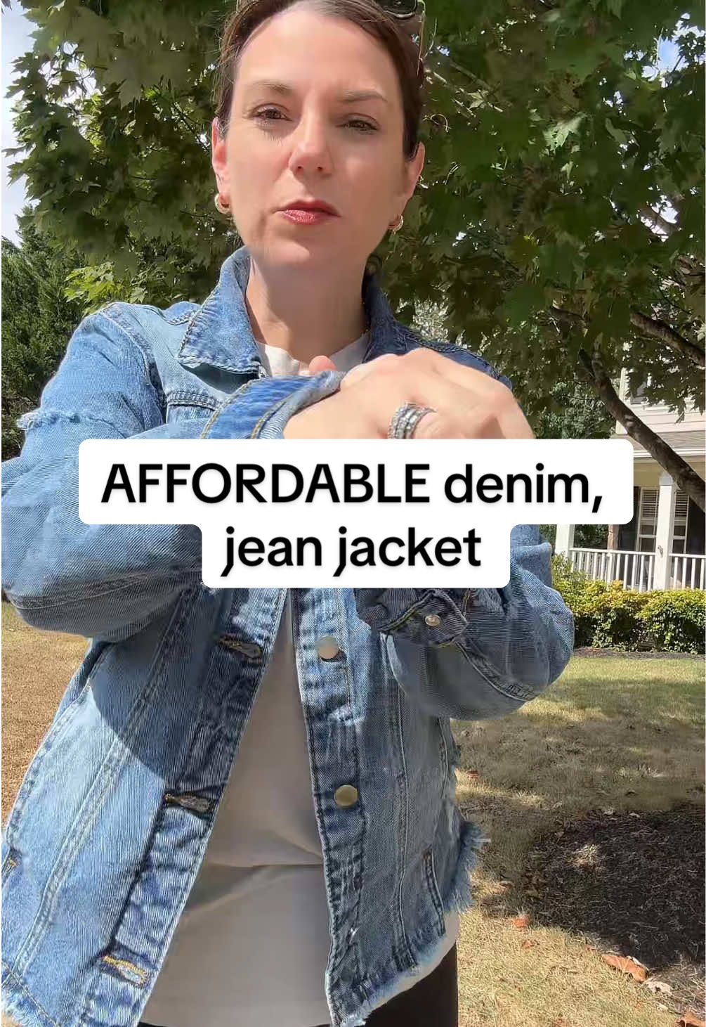 The perfect distressed denim, jean jacket for fall layering!  Cute casual, and pulls together any outfit.  #jeanjacket #fallfashion #affordable #fallfit 