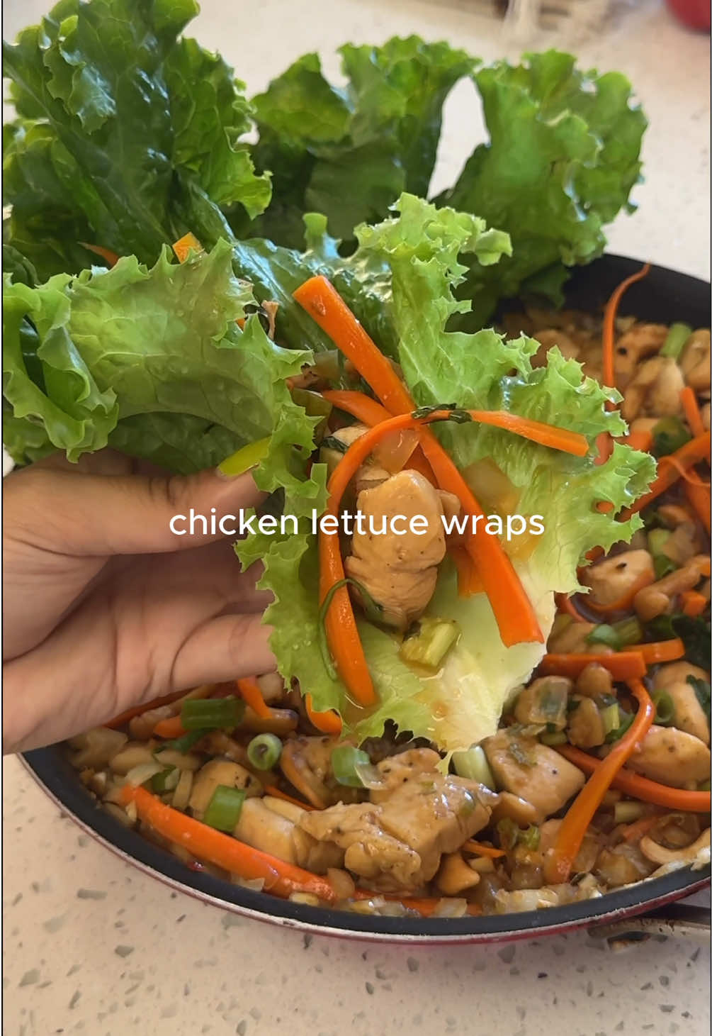 chicken lettuce wraps 🥬 ingredients: -1lb boneless, skinless chicken breast, cubed -1 large carrot, julienned  -1/2 onion, minced -3 cloves garlic, minced -ginger -1 lime, zested and juiced -olive oil -salt & pepper -1/4c soy sauce -1/4c sweet cili sauce -1/2c cashews -cilantro & green onion for topping -lettuce for serving #gardentok #productivegardener #cookwithme #chickenlettucewraps #healthyrecipes 
