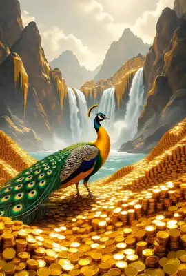 A majestic peacock walking gracefully through rivers of gold, its feathers shimmering with royal elegance and pure abundance ✨🦚💰 #gold #goldcoins #wealthgoals #moneymagnet #goldendreams     