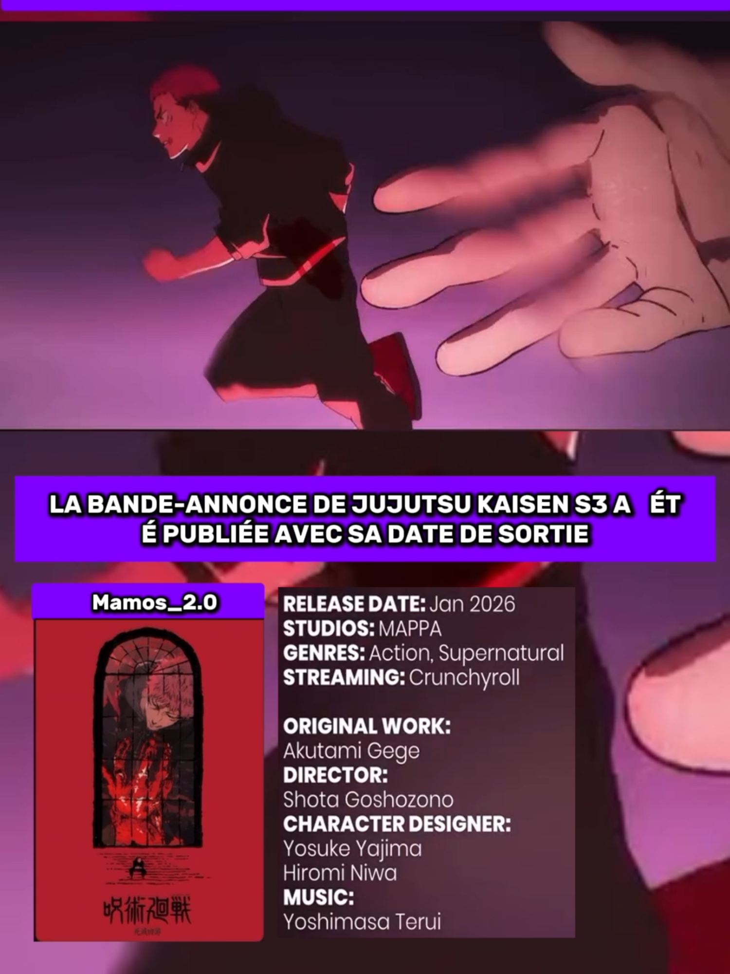 La très attendue troisième saison de la série animée à succès Jujutsu Kaisen sera officiellement diffusée en janvier 2026. Cette annonce a été faite lors d'une diffusion en direct spéciale célébrant le cinquième anniversaire de l'anime. Cette nouvelle saison, qui couvrira l'arc Culling Game, est la suite directe de l'arc Shibuya Incident de la saison 2, salué par la critique. Les fans pourront découvrir en avant-première la nouvelle saison lors d'une avant-première mondiale prévue le 7 novembre. Cette projection spéciale présentera les deux premiers épisodes de la saison 3, ainsi qu'une compilation des moments forts de l'arc Shibuya Incident. L'équipe de production de la série retrouvera des visages familiers. Shota Goshozono est de retour à la réalisation, tandis qu'Hiroshi Seko se charge de la composition et du scénario. La conception des personnages est une collaboration entre Yosuke Yajima et Hiromi Miwa. Le studio d'animation MAPPA, reconnu pour la qualité de son travail sur les saisons précédentes, est de nouveau crédité pour la production de l'animation. Pour les nouveaux venus dans la série, Jujutsu Kaisen suit Yuji Itadori, un lycéen qui devient l'hôte de Ryomen Sukuna, un puissant esprit maudit. Pour combattre les malédictions – des êtres surnaturels nés des émotions humaines négatives – Itadori intègre le lycée d'exorcisme de Tokyo. Il s'entraîne sous la direction du puissant sorcier Satoru Gojo et travaille aux côtés de ses camarades Megumi Fushiguro et Nobara Kugisaki. La série est disponible en streaming sur Crunchyroll. Tags: #Anime #Animenews #jjk #jujutsukaisenanime #jujutsukaisenmanga #jujutsukaisenedits #jujutsukaisen #jujutsukaisencosplay #jujutsukaisenfanart #jujutsukaisenseason2 #jujutsukaisenseason3 #jjkedit #jjkcosplay #jjkmanga #jjkedits #jjkseason2 #jjkseason3