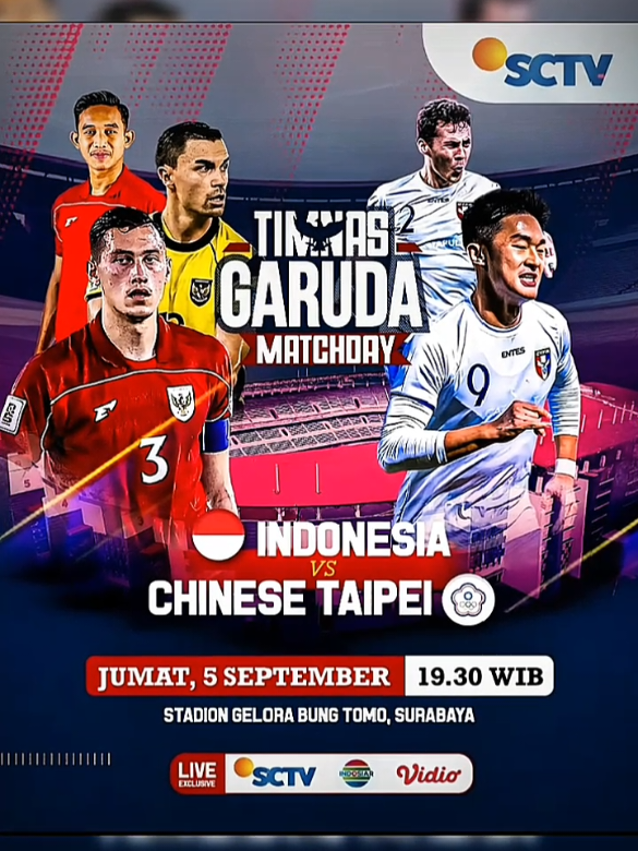 Jangan lupa saksikan INDONESIA VS CHINESE TAIPEI malam ini pada pukul 19.30 WIB di stadion Gelora Bung Tomo, Surabaya #tiktok #timnasindonesia #garudaindonesia #viral #fyp 