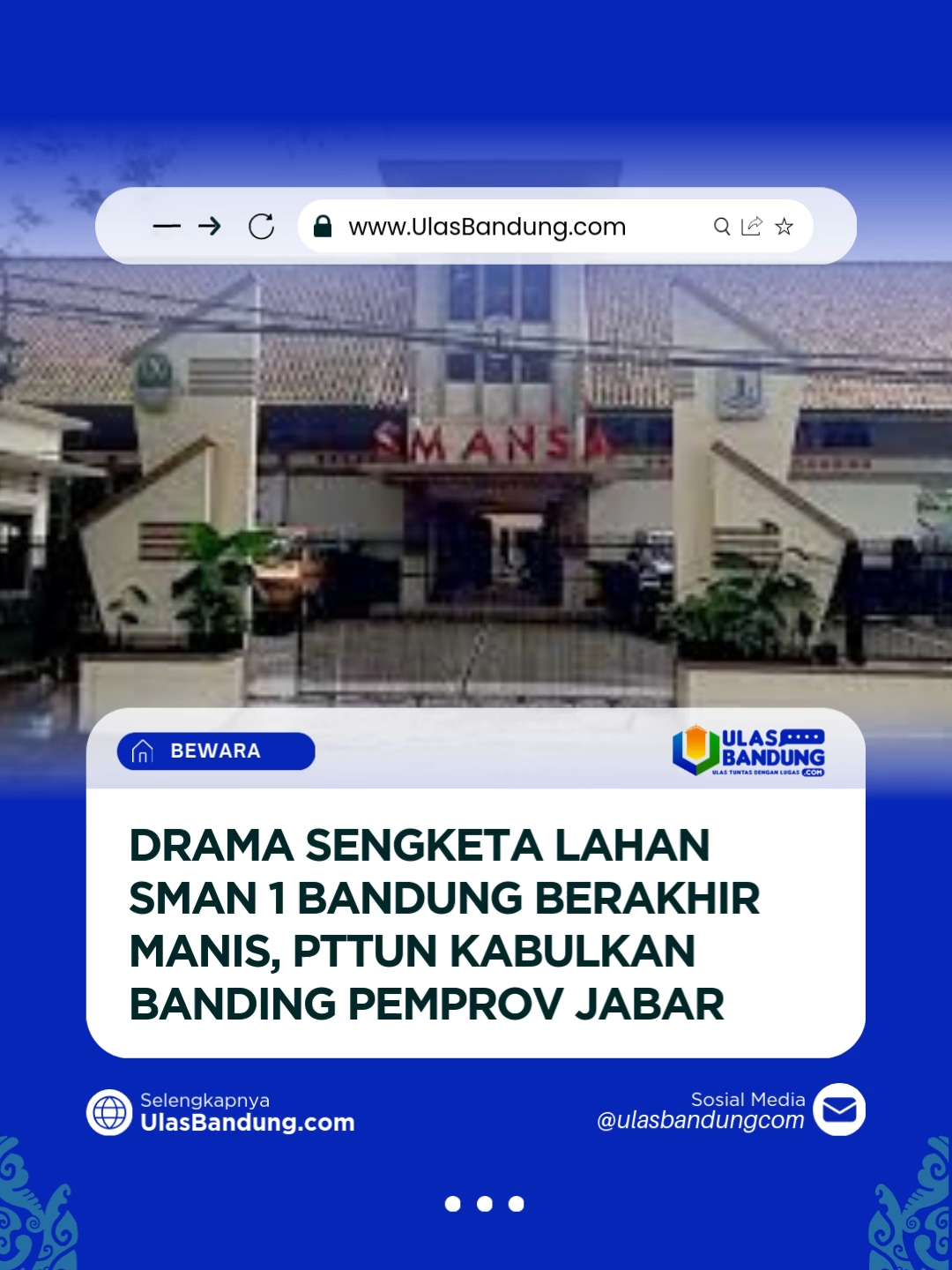 Kabar baik dari Bandung!
 Sengketa lahan SMAN 1 Bandung resmi berakhir setelah PTTUN Jakarta mengabulkan banding Pemprov Jabar.
 Putusan ini menegaskan lahan sekolah sah milik Dinas Pendidikan Jabar.
 Kini SMAN 1 Bandung bisa kembali fokus pada mutu pendidikan tanpa dibayangi polemik hukum. 
 Sebuah kemenangan penting bagi dunia pendidikan di Jawa Barat!
 
 #Bandung #SMAN1Bandung #Pendidikan #BeritaBandung #UlasBandung #PemprovJabar #BeritaTerkini #PendidikanIndonesia #PTTUN #SekolahFavorit #WargaBandun