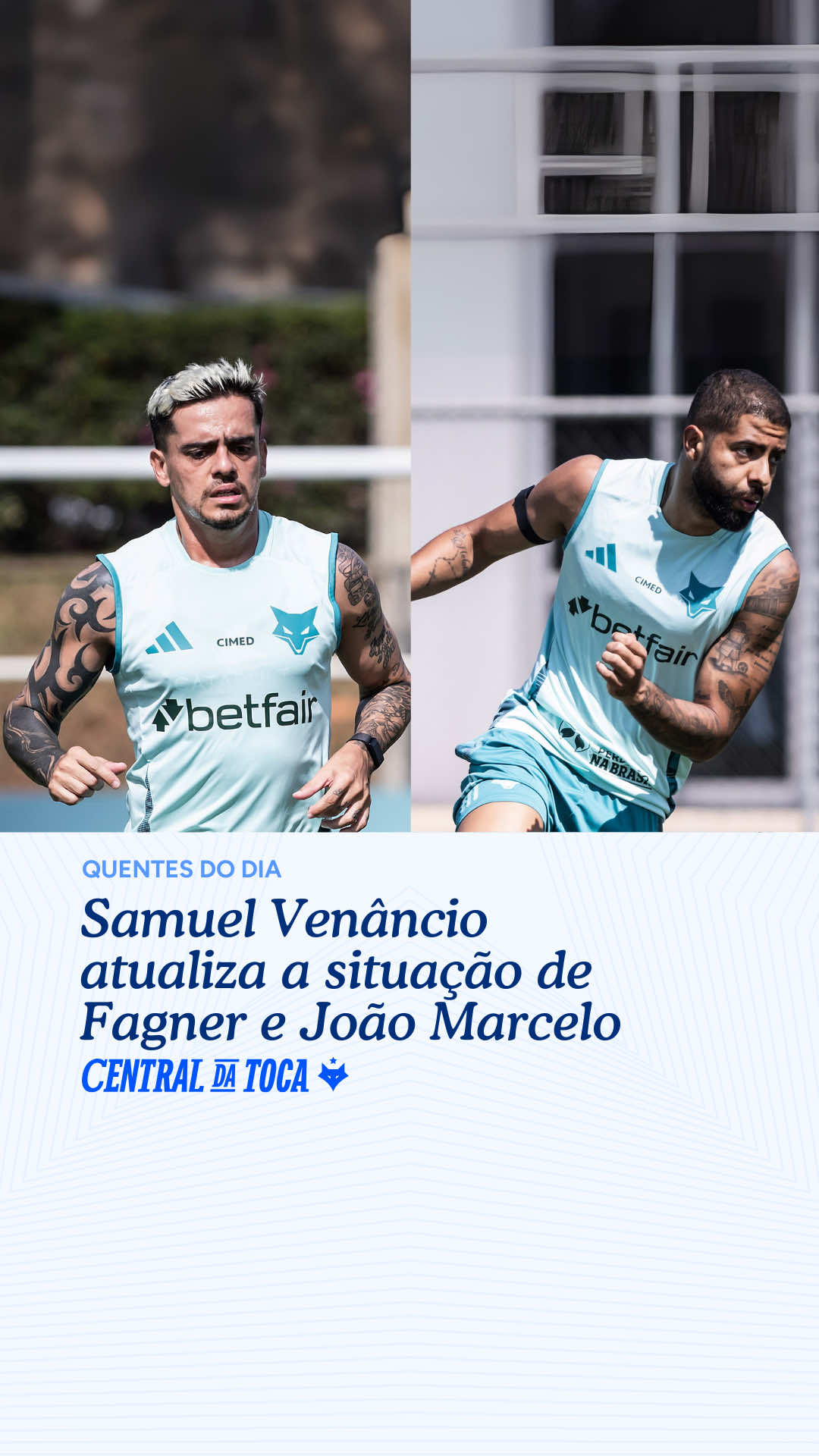 🔥QUENTES DO DIA | Nas Quentes do Dia desta quinta-feira (4), na Samuca TV, Samuel Venâncio atualizou as principais informações do Cruzeiro. Dentre elas, atualizações sobre Fagner. O lateral-direito segue em recuperação devido a uma fratura na fíbula da perna direita. De acordo com Samuel Venâncio, o jogador tem evoluído bem já está na fase final de recuperação. A tendência é que, em cerca de duas semanas, ele possa iniciar trabalhos em campo. A lesão de Fagner foi confirmada dois dias após o empate por 0 a 0 com o CRB, no Mineirão, pelo jogo de ida das oitavas de final da Copa do Brasil, no dia 30 de julho. Por outro lado, quem já está liberado e voltou a treinar normalmente com o grupo é o zagueiro João Marcelo. O defensor rompeu o ligamento cruzado anterior do joelho direito durante a vitória por 3 a 1 sobre o Uberlândia, em fevereiro, pela 5ª rodada do Campeonato Mineiro. Agora recuperado, deve ser relacionado em breve pelo técnico Leonardo Jardim. 🔗 Leia a reportagem completa em centraldatoca.com.br 📸  Samuca TV ✍️  @thayamaral23 #cruzeiro #joaomarcelo #fagner #recuperacao