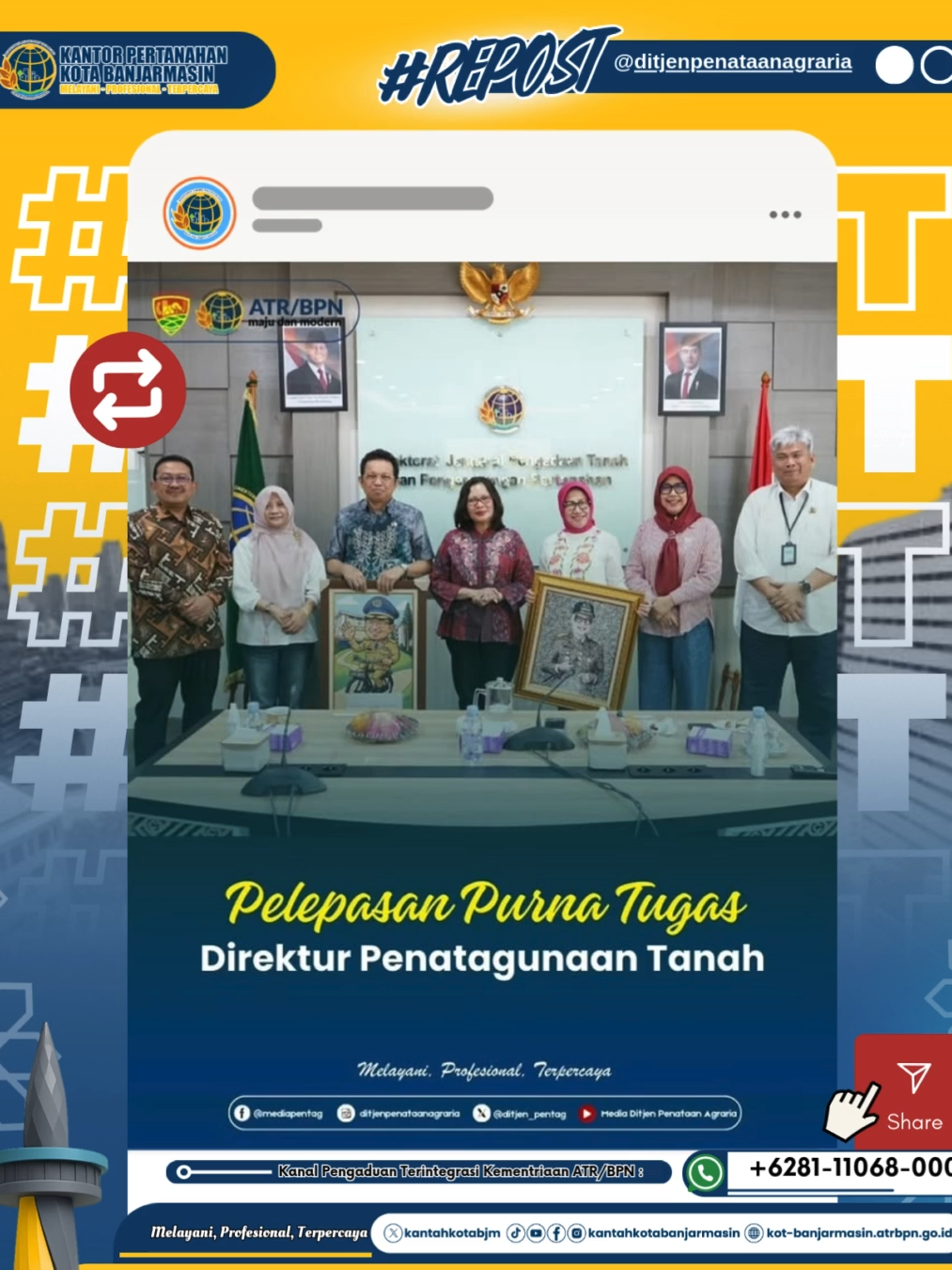 Direktorat Jenderal Penataan Agraria menyelenggarakan acara pelepasan purna tugas Direktur Penatagunaan Tanah, Sri Puspita Dewi, bertempat di Ruang Rapat 201 Direktorat Jenderal Pengadaan Tanah dan Pengembangan Pertanahan pada Jumat (29/08/2025). Acara diawali dengan penandatanganan berita acara serah terima jabatan oleh Direktur Penatagunaan Tanah dan Sekretaris Direktorat Jenderal Penataan Agraria yang disaksikan langsung oleh Plt. Direktur Jenderal Penataan Agraria. Rangkaian acara dilanjutkan dengan sambutan oleh Plt. Direktur Jenderal Penataan Agraria dan juga kesan dan pesan dari Sri Puspita Dewi yang memasuki masa purna tugas pada 1 September 2025. Pada kesempatan yang sama juga dilaksanakan pelepasan Direktur Penilaian Tanah dan Ekonomi Pertanahan, Agustin Iterson Samosir. Acara ini dihadiri oleh Pejabat Pimpinan Tinggi Pratama dan Pejabat Administrator di lingkungan Direktorat Jenderal Penataan Agraria dan Direktorat Jenderal Pengadaan Tanah dan Pengembangan Pertanahan. Sumber: Tim Media Ditjen Penataan Agraria kementerian.atrbpn #MelayaniProfesionalTerpercaya