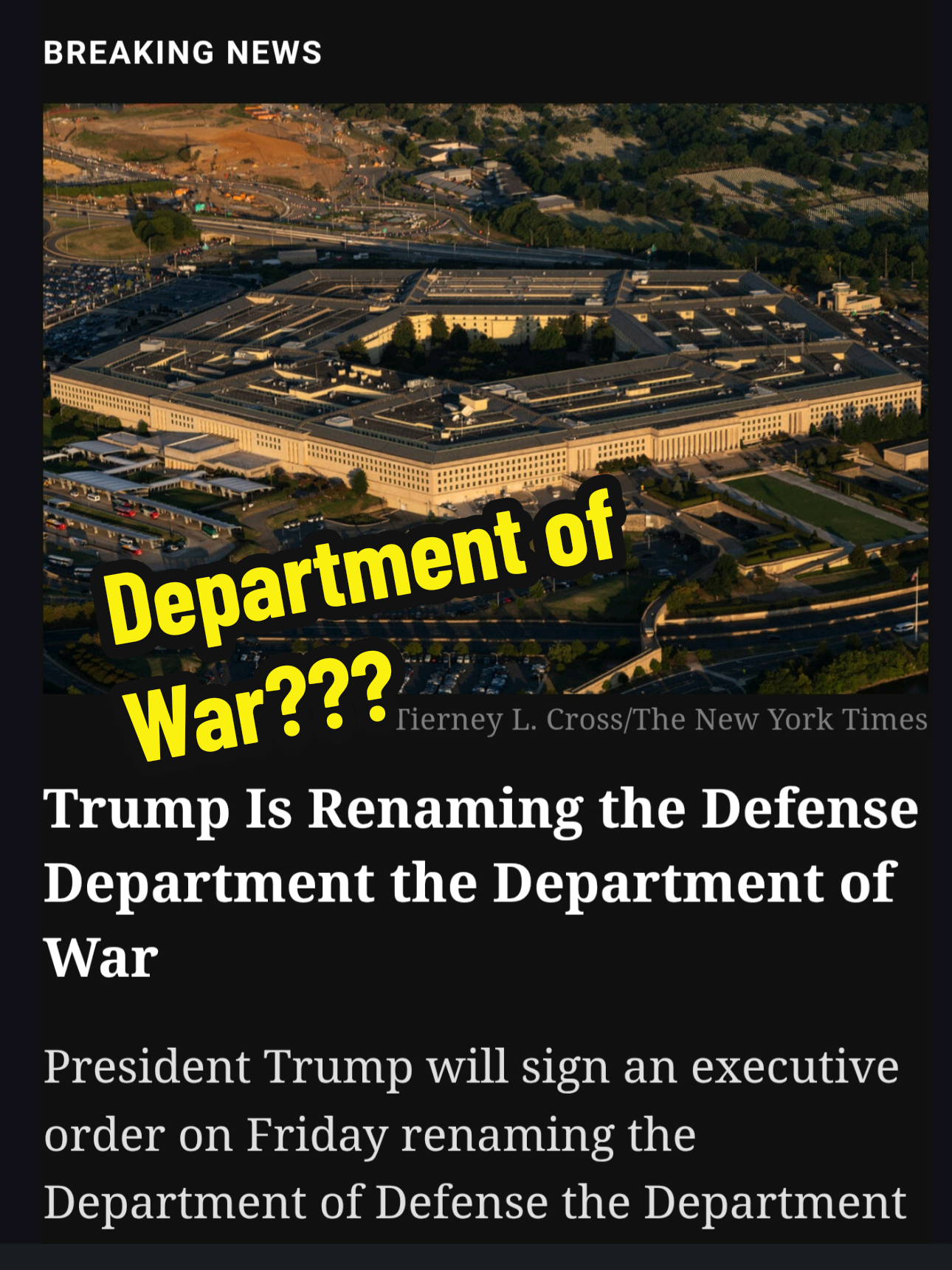 In what reality does America need to shift to an active voice regarding war? America is perpetually at war. The Department of Defense was already a misnomer, but a shift in language suggests a desire for international conflict. #departmentofwar #war #trump #politics #History 