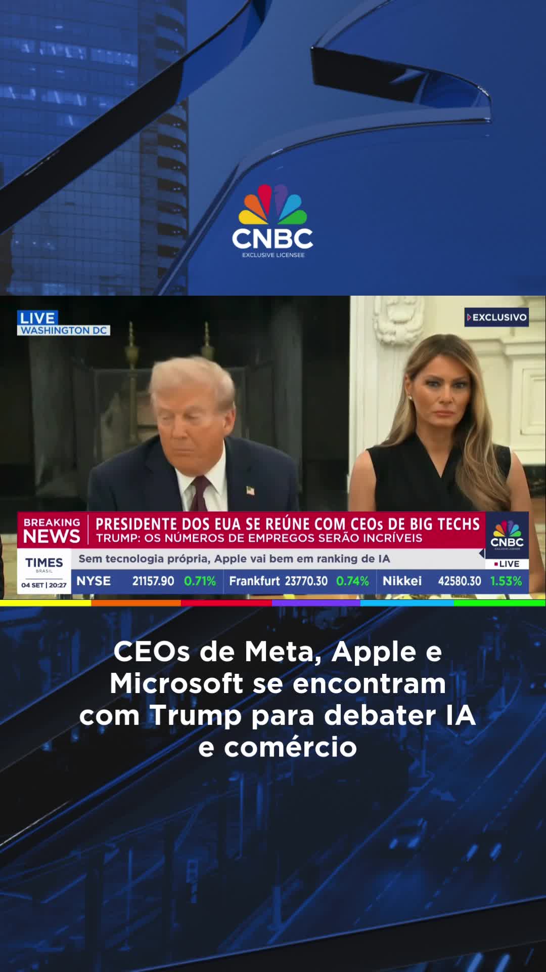 O presidente Donald Trump recebeu mais de 20 líderes de tecnologia e negócios para um jantar no Rose Garden da Casa Branca, incluindo Mark Zuckerberg, Tim Cook, Sundar Pichai, Bill Gates e Sam Altman. O encontro segue um evento sobre inteligência artificial promovido pela primeira-dama e marca uma aproximação estratégica com o Vale do Silício. Durante o jantar, Trump comentou sobre o conflito atual, citando 17 mil mortes em uma semana, e discutiu políticas industriais e comerciais, incluindo tarifas para empresas que não produzirem chipes e semicondutores nos EUA. 📌 ONDE ASSISTIR AO MAIOR CANAL DE NEGÓCIOS DO MUNDO NO BRASIL: 🔷 Canal 562 ClaroTV+ | Canal 562 Sky | Canal 592 Vivo | Canal 187 Oi | Operadoras regionais 🔷 TV SINAL ABERTO: parabólicas canal 562 🔷 ONLINE: www.timesbrasil.com.br | YouTube 🔷 FAST Channels: Samsung TV Plus, LG Channels, TCL Channels, Pluto TV, Roku, Soul TV, Zapping | Novos Streamings