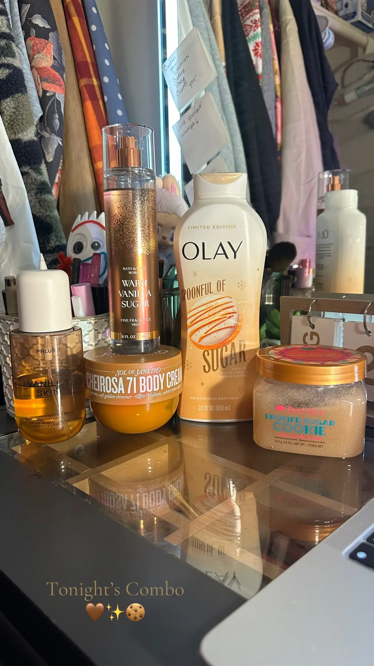 Tonight I felt like smelling like a delicious vanilla cookie can’t want for fall. 🤎 @Tree Hut @Olay Skin Care @Phlur Fragrances @Sol de Janeiro Inc @Bath & Body Works  #fyp #bathandbodyworks #perfumetok #fragrancetiktok #soldejaniero 