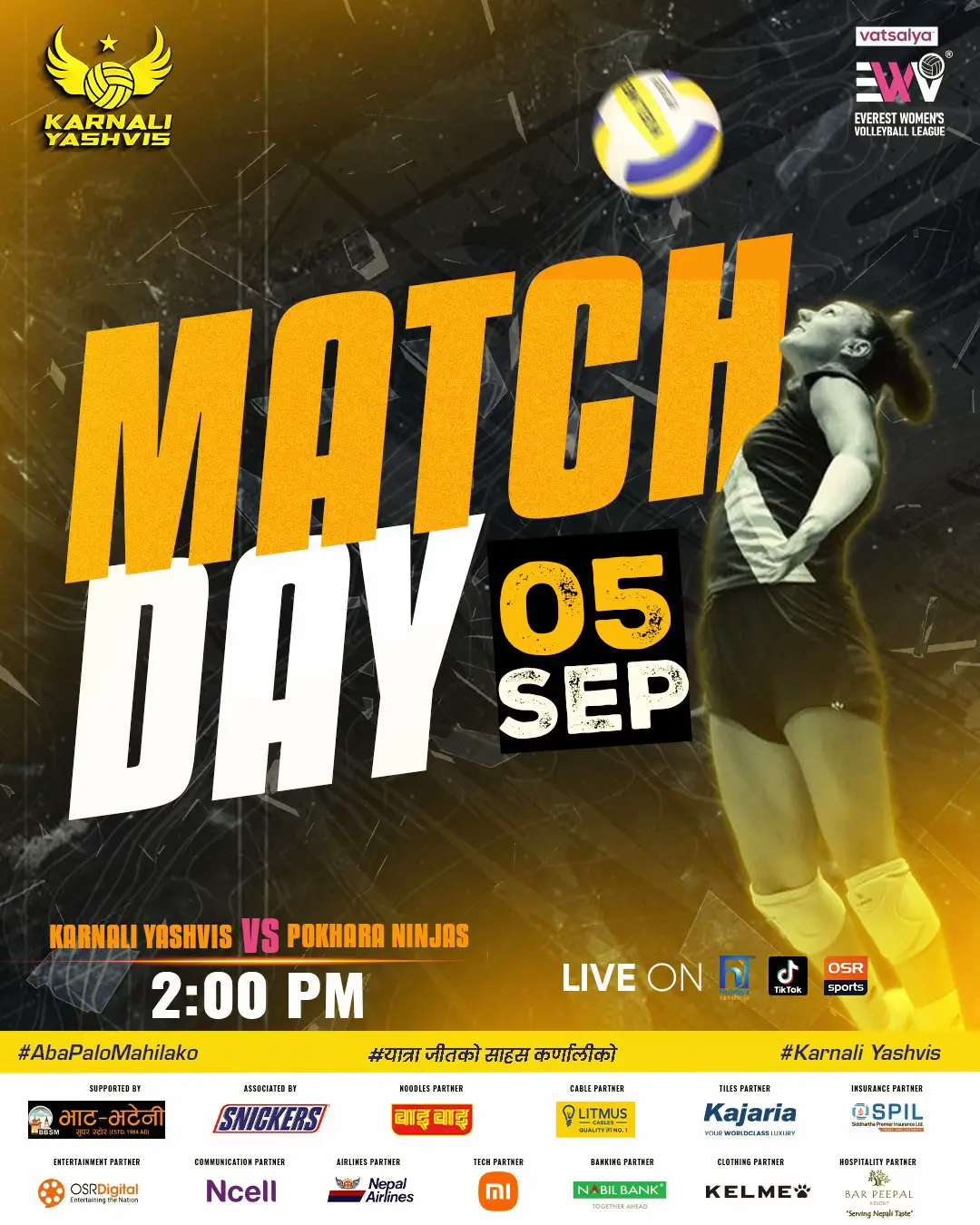 The wait is finally over! 💙 💛 Today marks the opening game of the Everest Women’s Volleyball League – Season 2, and our powerful team Karnali Yashvis is ready to light up the court. 🔥 📅 Today 🕑 Kick-off: 2:00 PM #karnaliyashvis #ewvl 