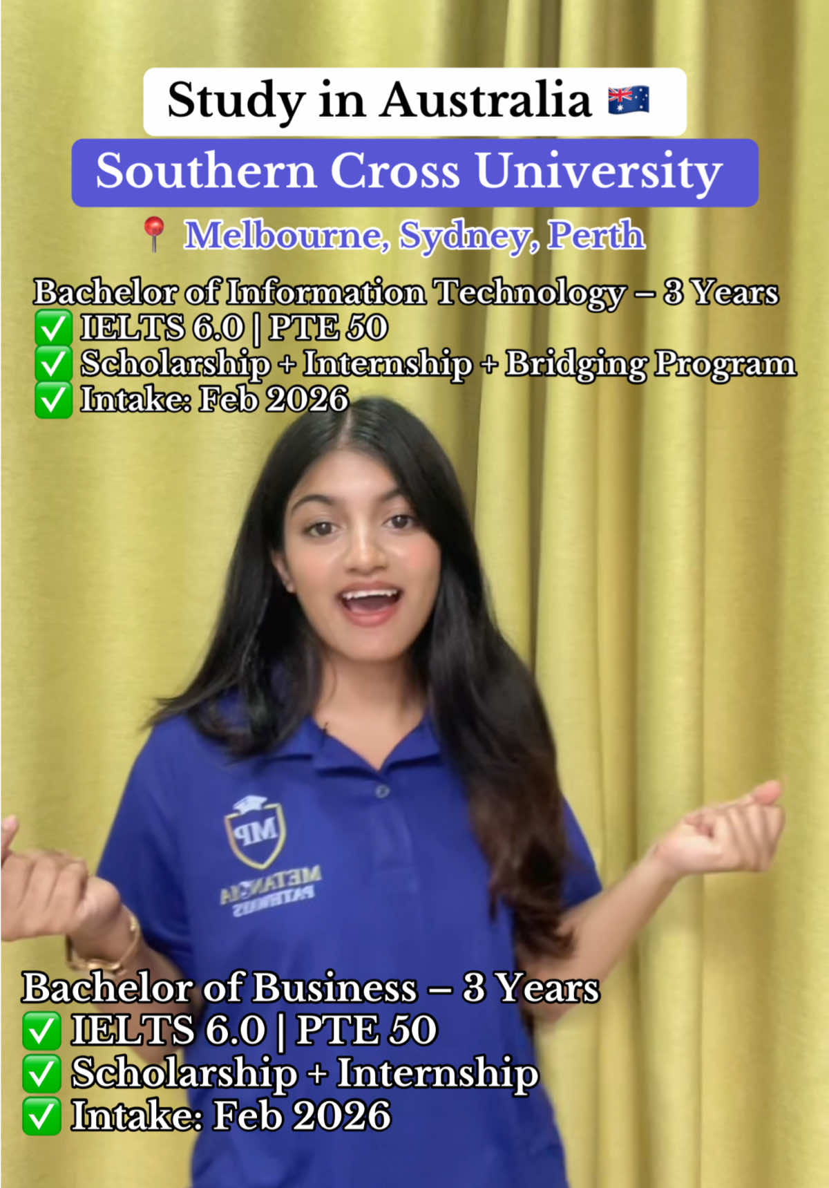 Dreaming of studying in Australia? 🇦🇺 Join Southern Cross University for your Bachelor’s in IT or Business with scholarships, internships, and more!  📍 Campuses: Melbourne, Sydney, Perth ✅ IELTS 6.0 / PTE 50 accepted ✅ Feb 2026 Intake 👉 Don’t miss this opportunity to kickstart your future career!  #metanoiapathways #StudyInAustralia #SouthernCrossUniversity #fyp #goviral 