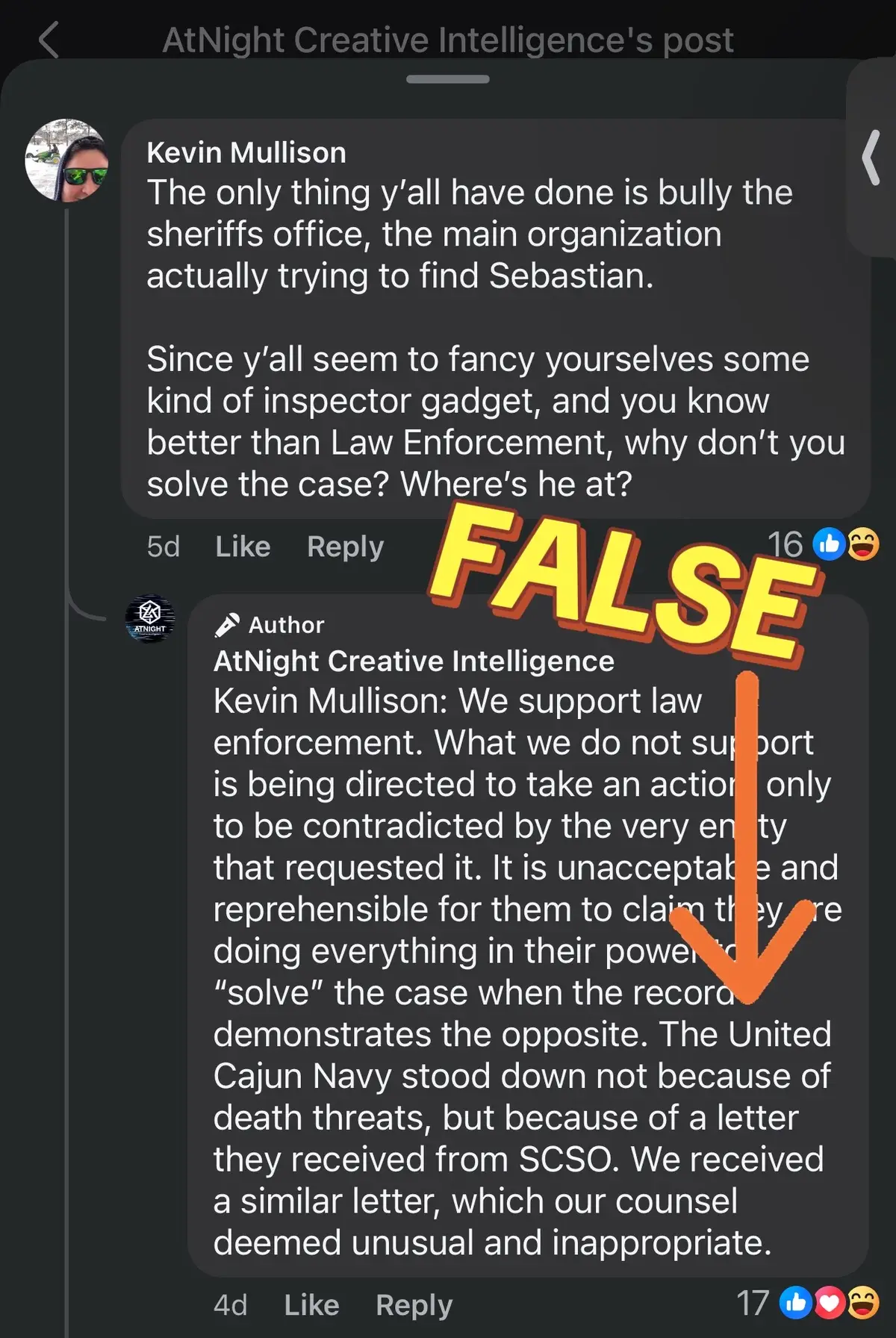 As one of two who were in Hendersonville, TN representing United Cajun Navy, I can tell you right now this statement made by At Night pertaining to United Cajun Navy and our search for Sebastian Rogers is completely and utterly FALSE. To make such a statement as fact is irresponsible and ignorant. Sumner County Sheriff’s office never sent a mysterious 