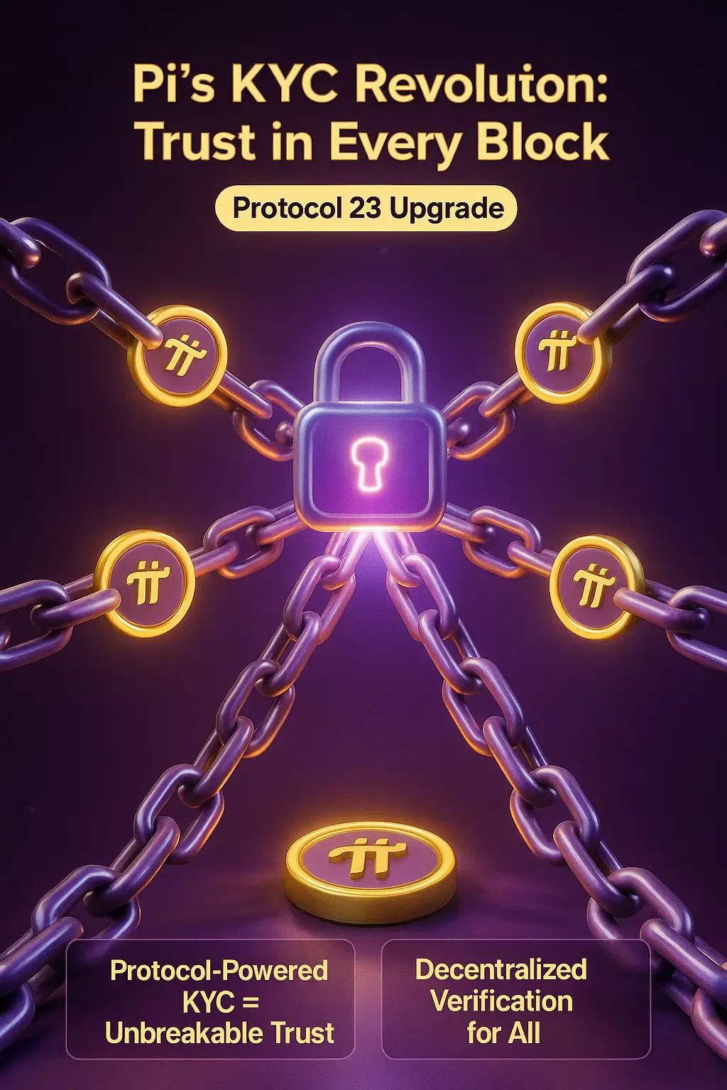 Sau khi hoàn thành nâng cấp phiên bản V23 thì hệ thống KYC gốc của Pi đã hoàn toàn phi tập trung do cộng đồng tự quản, Các trường hợp KYC sẽ được xử lý cuối cùng bởi nguyên tắc và điều kiện của hợp đồng thông minh do PCT thiết lập (nếu-thì), đảm bảo tính nhất quán và logic cốt lõi của Pi Network về danh tánh con người và mỗi người chỉ 1 tài khoản. KYC gốc của Pi được tích hợp vào giao thức cho phép xử lý hàng loạt hồ sơ đang mắc kẹt đã lâu và hoàn toàn phi tập trung đúng nghĩa. Việc nâng cấp lên phiên bản V23 cho phép mạng Pi di chuyển ban đầu từ 