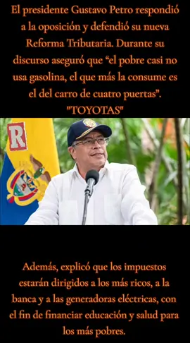 El presidente Gustavo Petro respondió a la oposición y defendió su nueva Reforma Tributaria. Durante su discurso aseguró que “el pobre casi no usa gasolina, el que más la consume es el del carro de cuatro puertas”. Además, explicó que los impuestos estarán dirigidos a los más ricos, a la banca y a las generadoras eléctricas, con el fin de financiar educación y salud para los más pobres. En este video analizamos las palabras de Petro, la polémica por los impuestos a la gasolina y los bancos, y el duro enfrentamiento con la oposición en el Congreso. 👉 ¿Qué opinas? ¿Apoyas la Reforma Tributaria de Petro o crees que afectará más de lo que ayudará? Déjalo en los comentarios y suscríbete para más análisis político en Colombia.