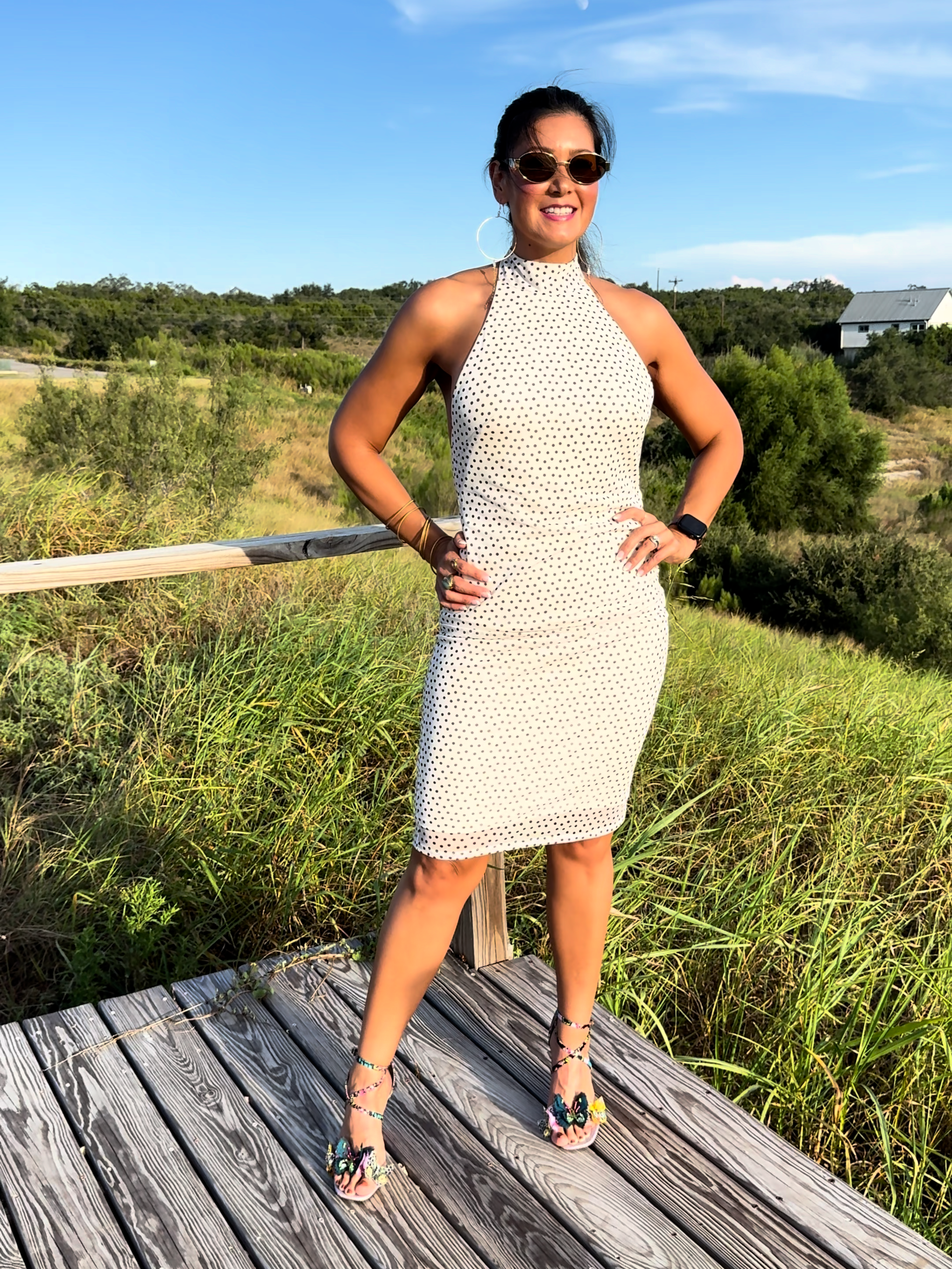 GRWM for dinner ✨ Heading to my favorite spot downtown, Olamaie 💕 This halter polka dot dress is giving classic + chic vibes and I had to pair it with these colorful butterfly heels 🦋 Keeping the jewelry simple with handmade earrings from a friend 🫶🏼 #grwm #outfit #outfitinspo #fashioninspo #outfitideas