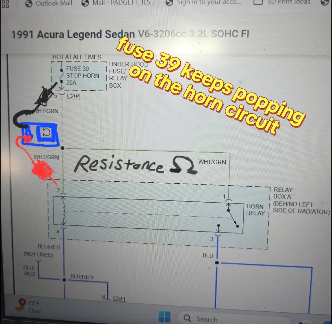 we've got this 1991 acura legend for a couple concerns one of them being the horn dosent work, we found it blows 20amp fuses VERY fast 😅. after some poking around, pin 2 B+ for coil feed for the horn relay has HUGE amounts of resistance when on pin 5 for the B+ feed from the fuse. well. thats gonna be fun to isolate since there's not gonna be a harness anywhere for this thing. happy hunting ⚡️⚡️⚡️ #mechanic #acura #diag #cooked #fyp 