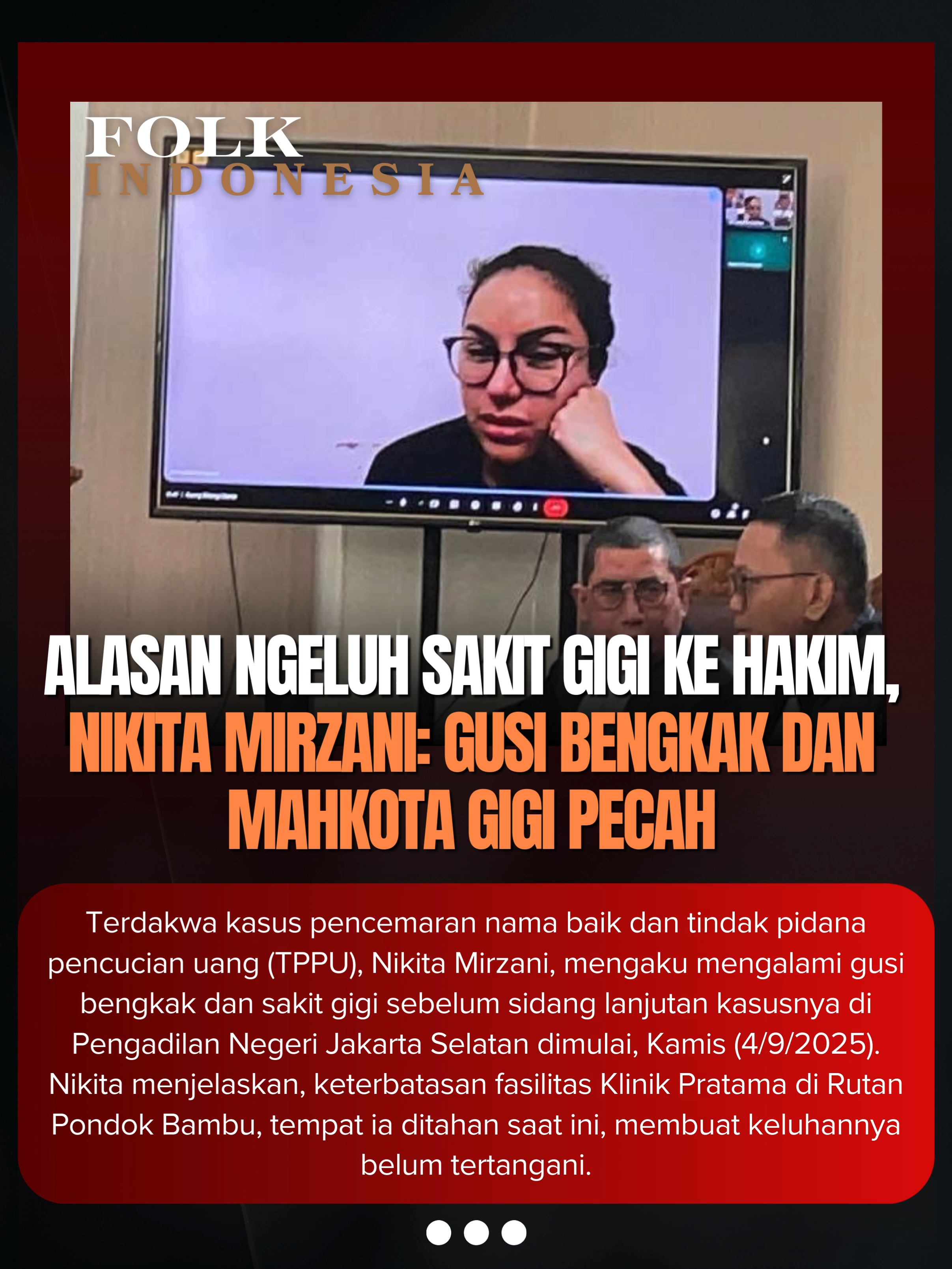 Terdakwa kasus pencemaran nama baik dan tindak pidana pencucian uang (TPPU), Nikita Mirzani, mengaku mengalami gusi bengkak dan sakit gigi sebelum sidang lanjutan kasusnya di Pengadilan Negeri Jakarta Selatan dimulai, Kamis (4/9/2025).  “Gusi saya bengkak, Yang Mulia, karena crown-nya kan pecah. Di dalam crown-nya itu ada implan, itu kendor, sudah dari kemarin pecahnya. Jadi sebelah saya sini (pipi kiri) sakit Yang Mulia,” jelas Nikita saat mengikuti sidang secara daring, Kamis.  Nikita menjelaskan, keterbatasan fasilitas Klinik Pratama di Rutan Pondok Bambu, tempat ia ditahan saat ini, membuat keluhannya belum tertangani. #nm #NikitaMirzani
