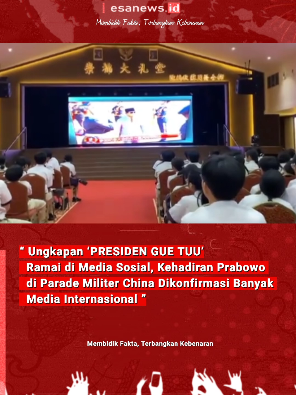 Beijing, 3 September 2025 — Tokoh nasional Prabowo Subianto menghadiri parade militer besar di Tiananmen Square, Beijing, memperingati 80 tahun kemenangan atas Jepang—hadir berdampingan dengan Xi Jinping dan pemimpin dunia lainnya . Meski demikian, media sosial ramai dengan sebuah ucapan ringan dari seorang netizen: “Kata AdekNya: 'PRESIDEN GUE TUU'”, digunakan sebagai ekspresi bangga yang viral dalam video Instagram—namun tidak ditemukan dalam laporan berita resmi atau liputan sekolah . #esanews #nurmtop 