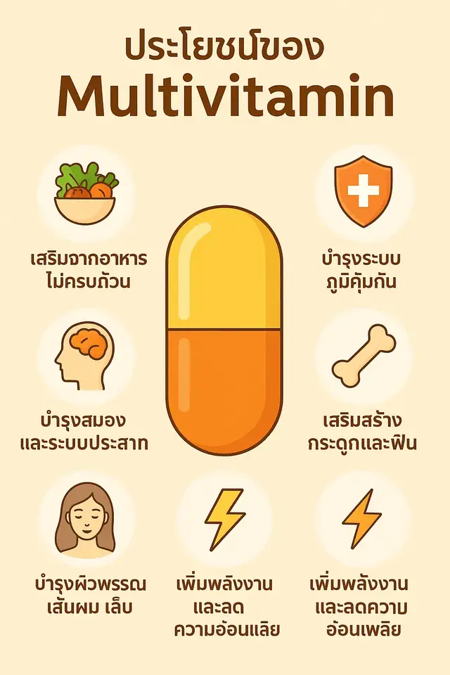 Multivitamin (มัลติวิตามิน) คือการรวมวิตามินและแร่ธาตุหลายชนิดในหนึ่งเม็ดหรือแคปซูล ซึ่งมีประโยชน์และความจำเป็นกับร่างกายดังนี้ค่ะ ✨ ประโยชน์ของ Multivitamin เสริมจากอาหารไม่ครบถ้วน – ช่วยเติมเต็มสารอาหารที่อาจได้รับไม่พอจากการกินอาหารประจำวัน บำรุงระบบภูมิคุ้มกัน – วิตามิน C, D, Zinc และ Selenium ช่วยให้ร่างกายต้านทานโรคได้ดีขึ้น บำรุงสมองและระบบประสาท – วิตามินกลุ่ม B (B1, B6, B12) ช่วยลดความเหนื่อยล้าและบำรุงสมอง เสริมสร้างกระดูกและฟัน – วิตามิน D และแคลเซียมช่วยป้องกันโรคกระดูกพรุน บำรุงผิวพรรณ เส้นผม เล็บ – วิตามิน A, C, E และไบโอตินช่วยให้ผิวและเส้นผมแข็งแรง เพิ่มพลังงานและลดความอ่อนเพลีย – ช่วยให้ร่างกายมีแรงในการทำกิจกรรมต่างๆ 💡 ควรทาน Multivitamin เมื่อ รับประทานอาหารไม่ครบ 5 หมู่ ใช้ชีวิตเร่งรีบ พักผ่อนน้อย อยู่ในภาวะร่างกายต้องการสารอาหารเพิ่ม เช่น วัยทำงานหนัก วัยผู้สูงอายุ @วิตามิน อาหารเสริม ความสวยงาม @วิตามิน อาหารเสริม ความสวยงาม @วิตามิน อาหารเสริม ความสวยงาม 