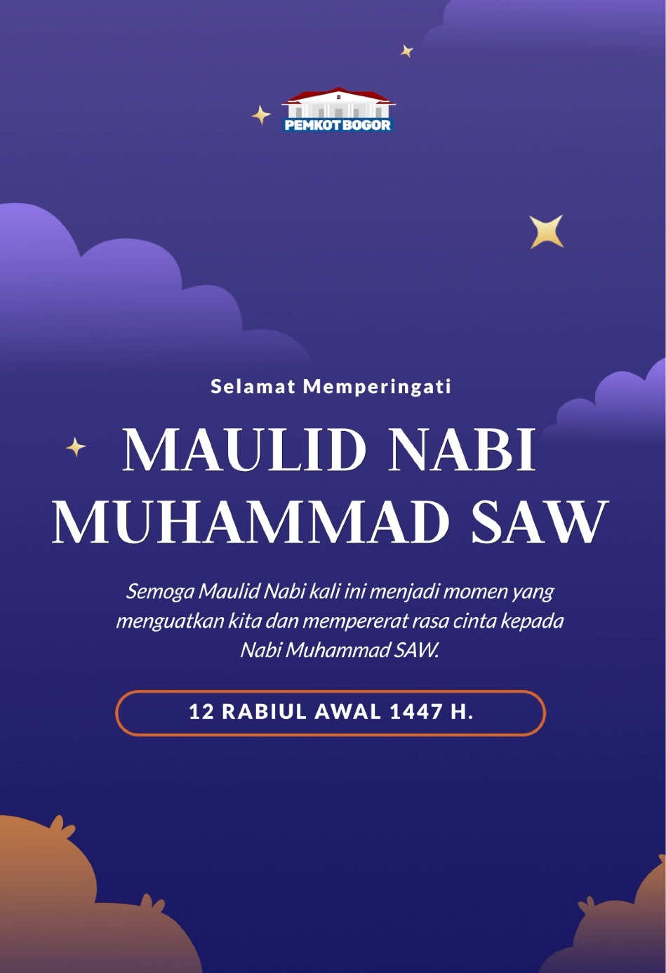 Selamat memperingati Maulid Nabi Muhammad SAW 12 Rabiul Awal 1447 H. 🌙✨ Mari kita teladani akhlak mulia Rasulullah dalam kehidupan sehari-hari dengan memperkuat keimanan, mempererat persaudaraan, serta menebarkan kasih sayang dan kedamaian di Kota Bogor tercinta. #MaulidNabi #PemkotBogor #BogorBeres