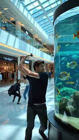 A brazen act of vandalism — the guy walked into a shopping mall, pulled out a hammer, and slammed it into the glass of a massive aquarium. The pane cracked and burst within seconds. Water gushed out, fish flopped across the floor, and panic erupted. Pure chaos, caught on camera. #crash #ai #news #damage #sea         