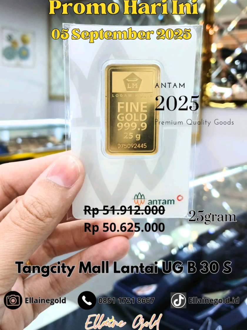 SALE !!! 🎉🎉🎉 Dapatkan Harga menarik khusus hari ini kamu bisa dapatkan Emas Logam Mulia Antam 25gr dengan harga Rp 50.625.000 aja loh, produk terbatas  Untuk produk dengan harga normal bisa cek status setiap harinya yah. Ayo buruan beli sebelum kehabisan 😉 Yang mau buyback juga bisa yaah, kami kasih harga tinggi loh 👏 🔥 #antam #logammuliaantam  #emasbatangan #gold #jualbeliemasantam