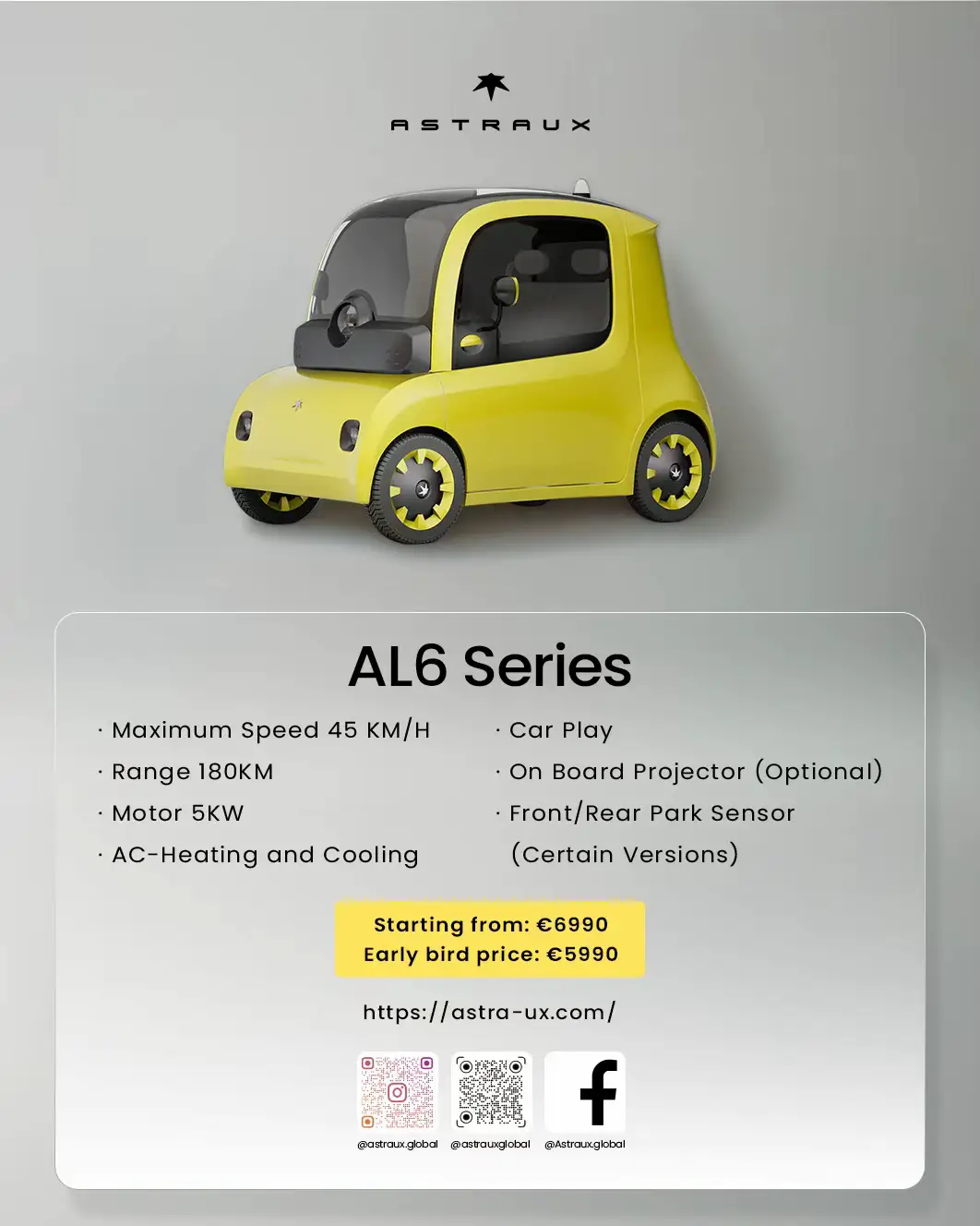 Introducing the new ASTRAUX microcar series! AL6 — Compact and practical (from €6990) AL7 — Power and safety upgraded (from €8990) Whether for daily commutes or weekend escapes, there’s a perfect fit for you. Book now and become a leader of joyful equality. Learn more: https://astra-ux.com/ https://fr.aliexpress.com/item/1005009863876683.html... #ElectricVehicles #electricvehicles #electricvehiclesonly #electricvehiclesindia #electricvehiclesarethefuture #EVLife #evlife #EVLifestyle #evlifestyle #electriccar #electriccars #electriccarcharger #electriccarforkids #electriccarcharging #electriccarsarethefuture #FutureOfMobility #futureofmobility #Tech #techy #techie #technews #TechDeals #technology #TechInnovation #technicalanalysis #futuretech #futuretechnology #futuretechnician #FutureTechLeaders #futuretechleaders